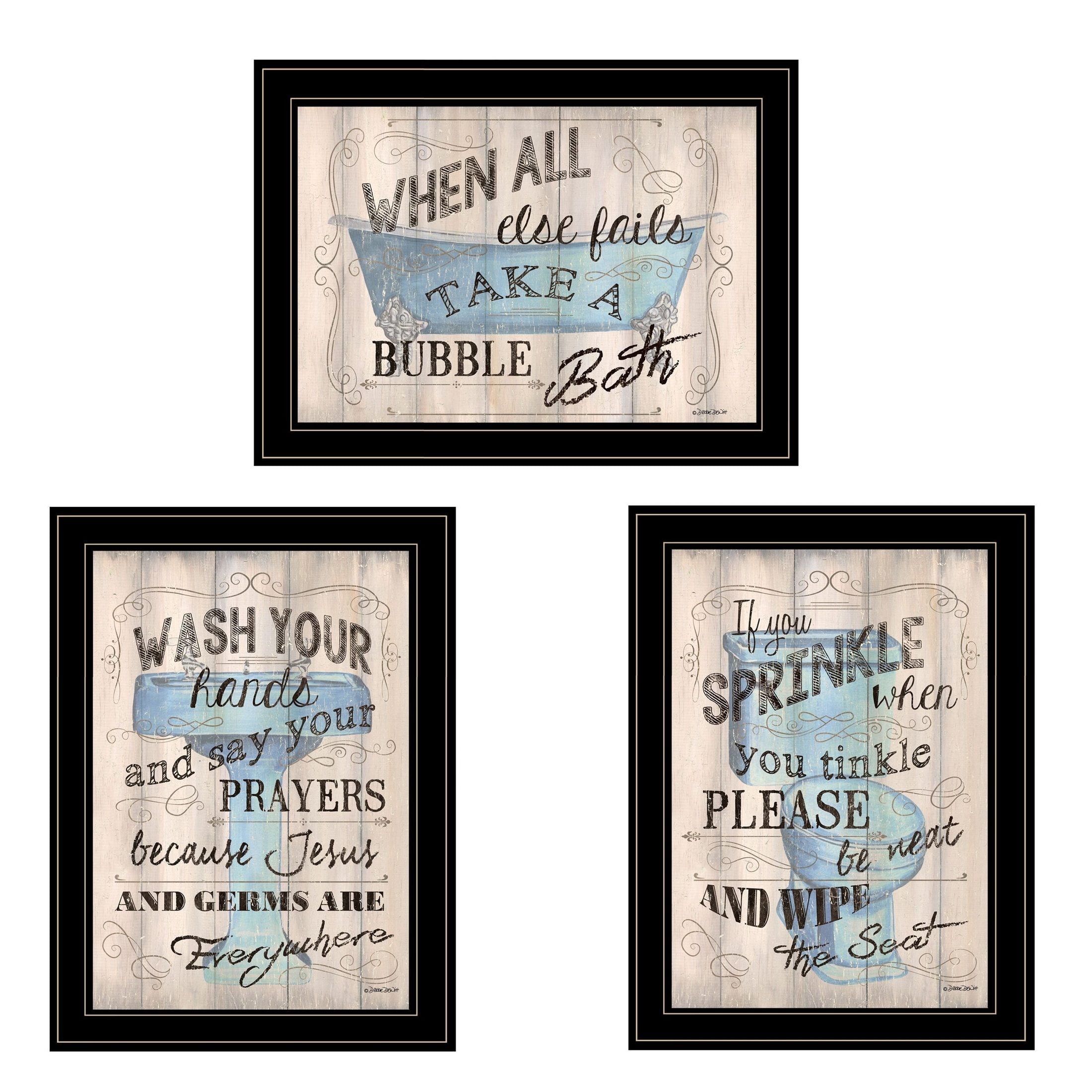 'Bathroom Humor' 3-Piece Vignette By Debbie DeWitt, Black Frame