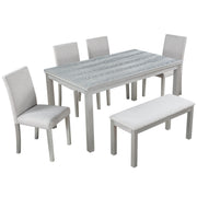 6 Piece Wooden Dining Table Set, Wooden Dining Table with 4 Upholstered Chairs and Bench for 6 People, Rectangular Dining Table Set with Crystal Decoration for Kitchen, Dining Room, Silver grey