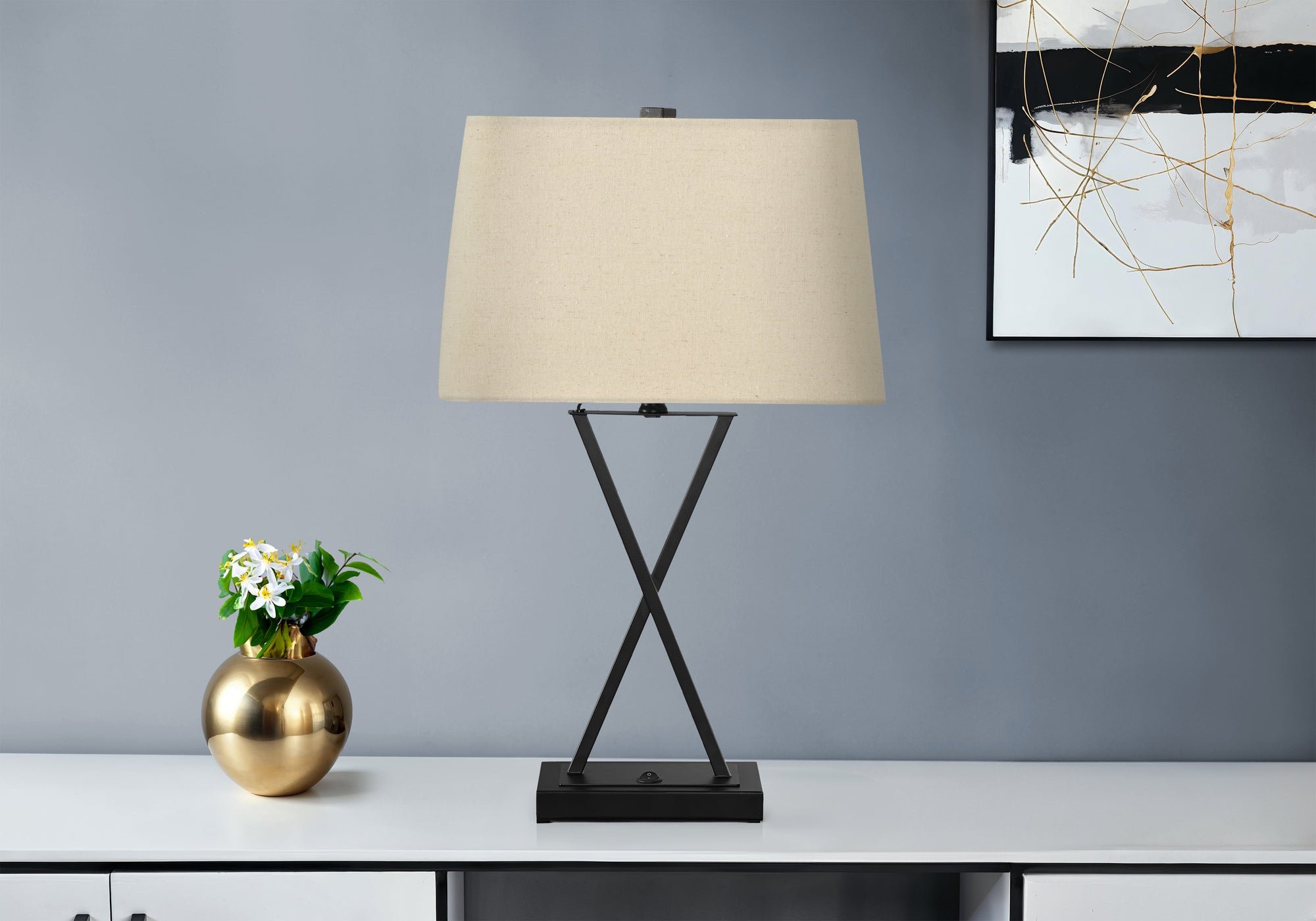 Lighting, 25'h, Table Lamp, Usb Port Included, Black Metal, Beige Shade, Transitional