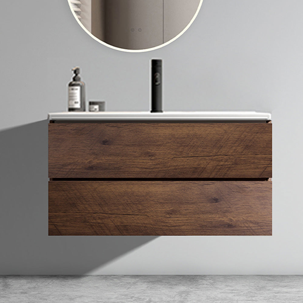 Wall Mount 36' Walnut Bathroom Vanity with Ceramic Sink with Single hole, Large Storage Floating Bathroom Vanity for Modern Bathroom, One-Piece Sink Basin without Drain, Pre-assembled