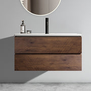 Wall Mount 36' Walnut Bathroom Vanity with Ceramic Sink with Single hole, Large Storage Floating Bathroom Vanity for Modern Bathroom, One-Piece Sink Basin without Drain, Pre-assembled