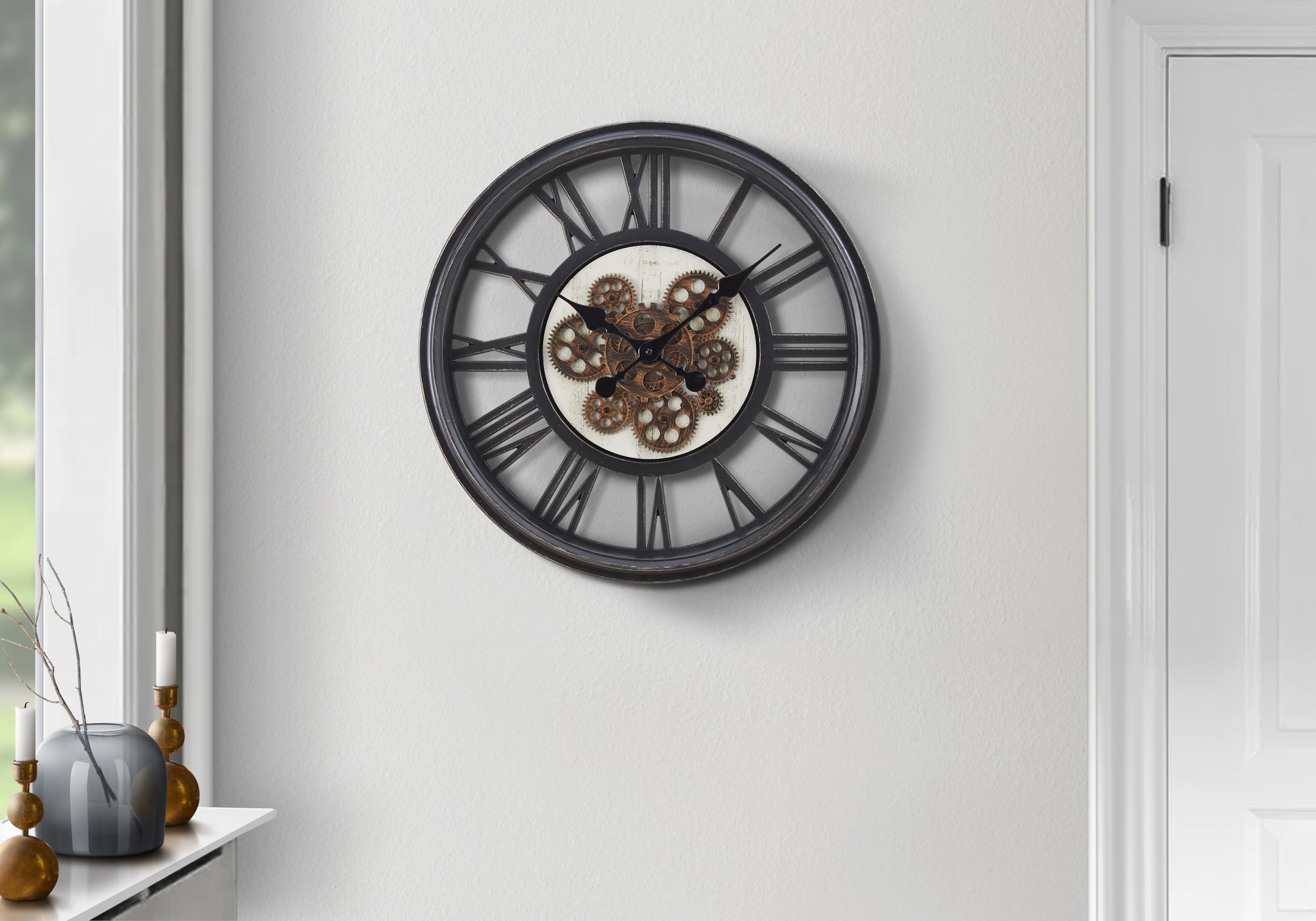 Clocks, 20' Round, Gear Mechanism, Wall Clock, Black, Transitional