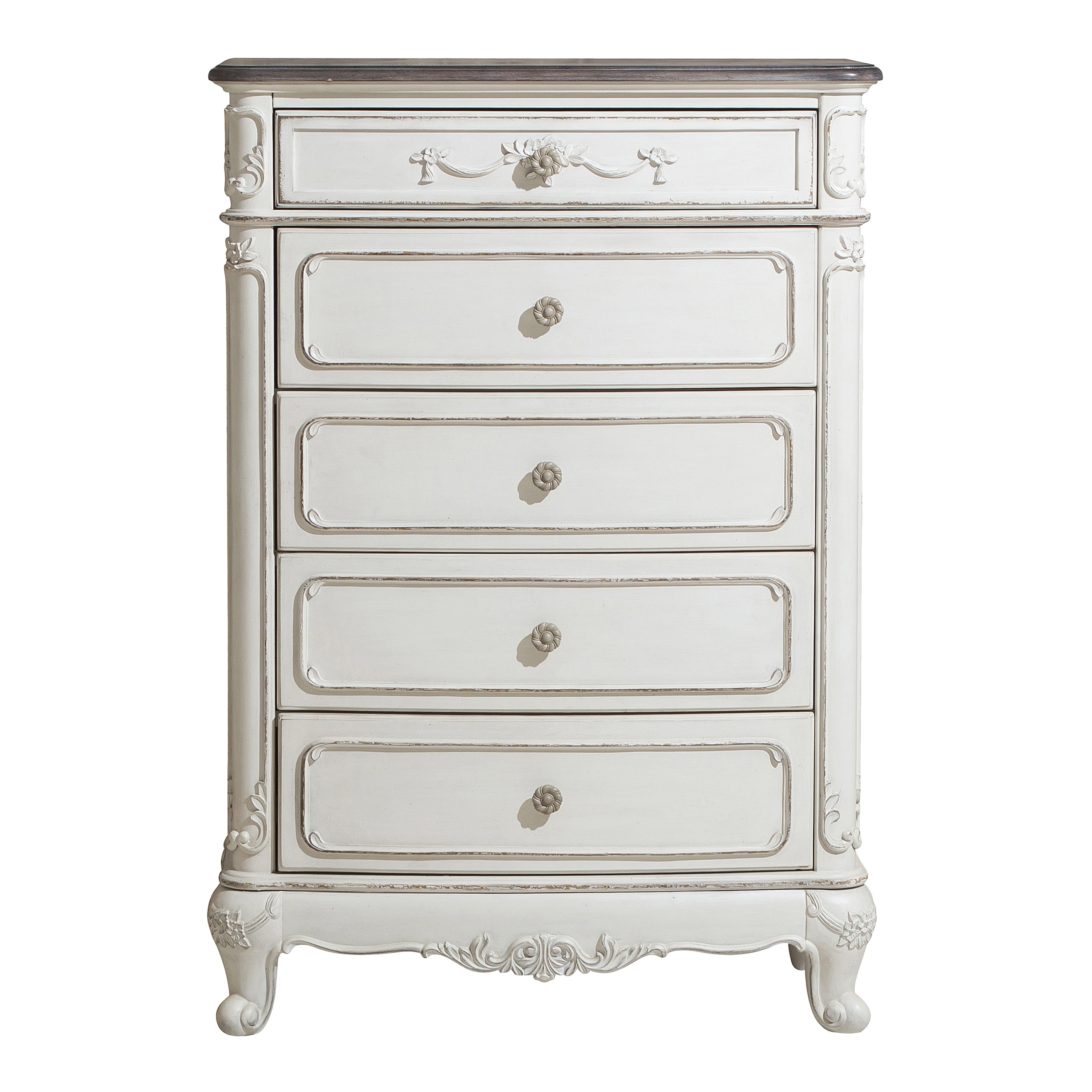 Victorian Style Antique White and Oak Finish Storage Chest with 5-Drawer 1pc Carving Design Classic Traditional Bedroom Furniture