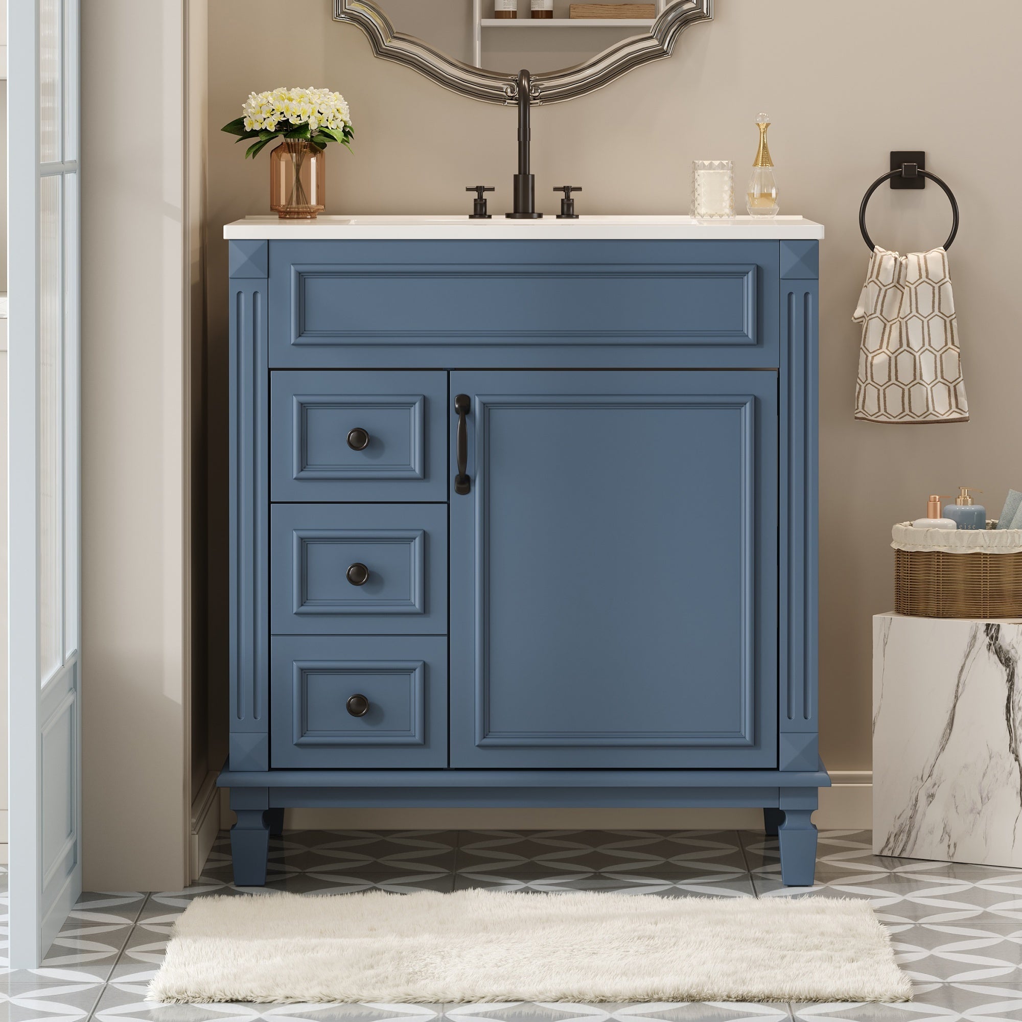 30' Bathroom Vanity with Ceramic Sink, Small Bathroom Sink Cabinet, Modern Cabinet with 2 Drawers and Adjustable Shelf