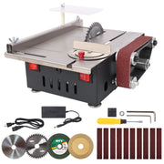 Mini Table Saw,Belt Sander, stainless steel top,4pcs Blades,10pcs Sanding Blet,7 Gear Adjustable 0-90° Angle, Available for Wood/PCB/Acrylic/Plastic,DIY Model Crafts Cutting Tool