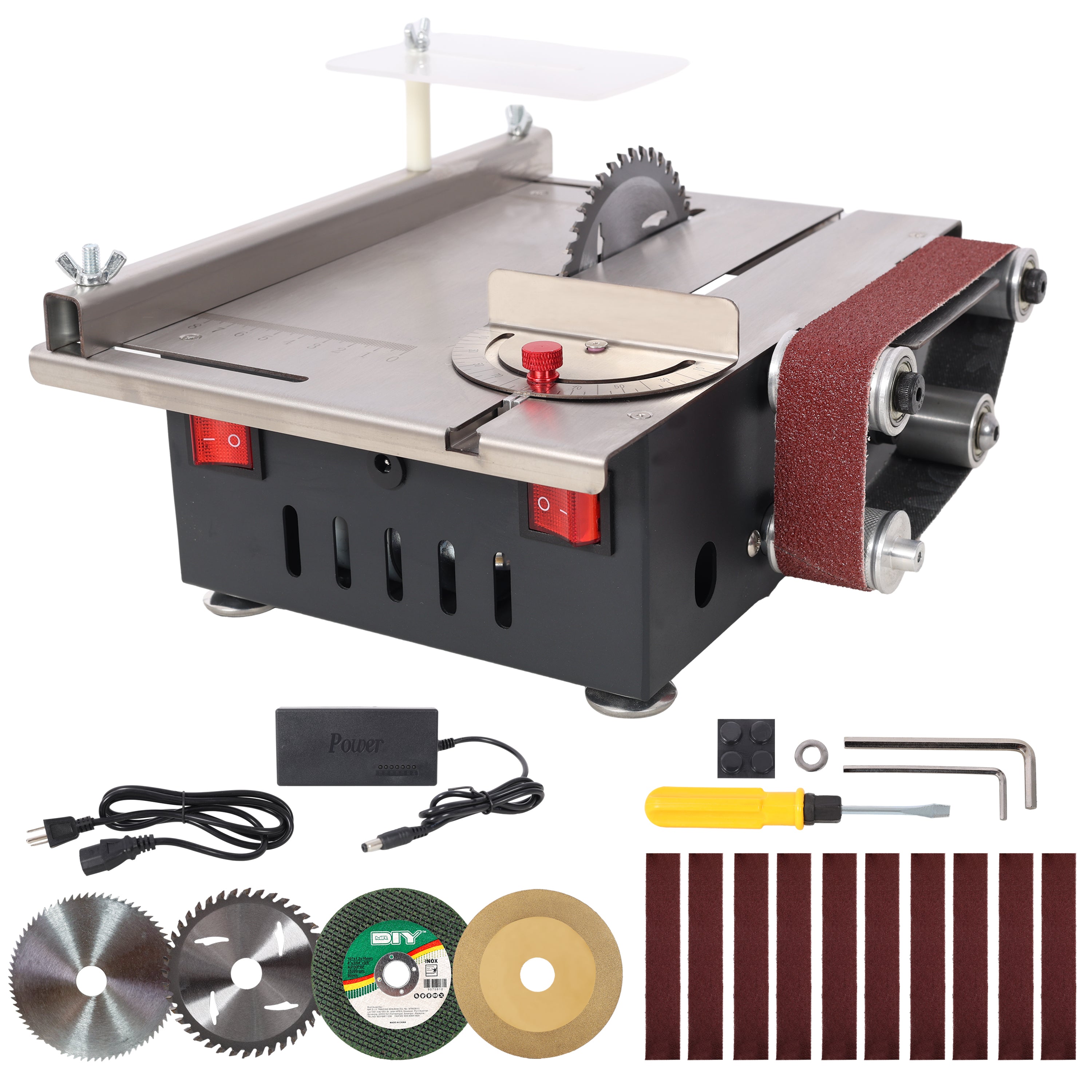 Mini Table Saw,Belt Sander, stainless steel top,4pcs Blades,10pcs Sanding Blet,7 Gear Adjustable 0-90° Angle, Available for Wood/PCB/Acrylic/Plastic,DIY Model Crafts Cutting Tool