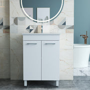 24-Inch Floor-Mounted Bathroom Vanity with Sink Combo,Double Doors With Soft Close Hinges,Bathroom Cabinet With Adjust Shelf,Metal Handle ,Ceramic Basin,Adjustable Silver Feet,Glossy White