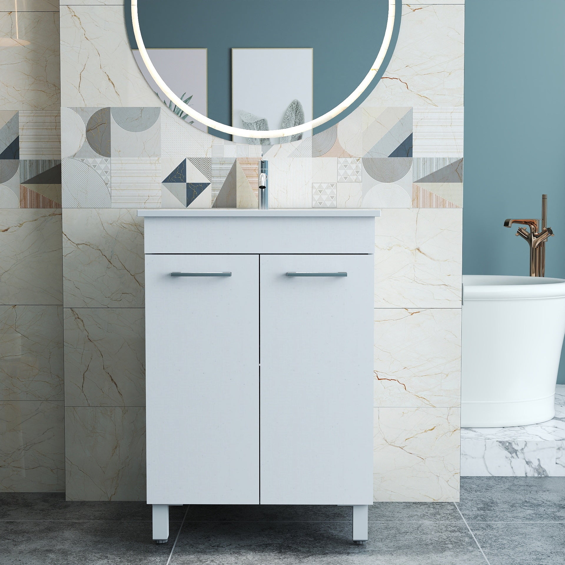 24-Inch Floor-Mounted Bathroom Vanity with Sink Combo,Double Doors With Soft Close Hinges,Bathroom Cabinet With Adjust Shelf,Metal Handle ,Ceramic Basin,Adjustable Silver Feet,Glossy White