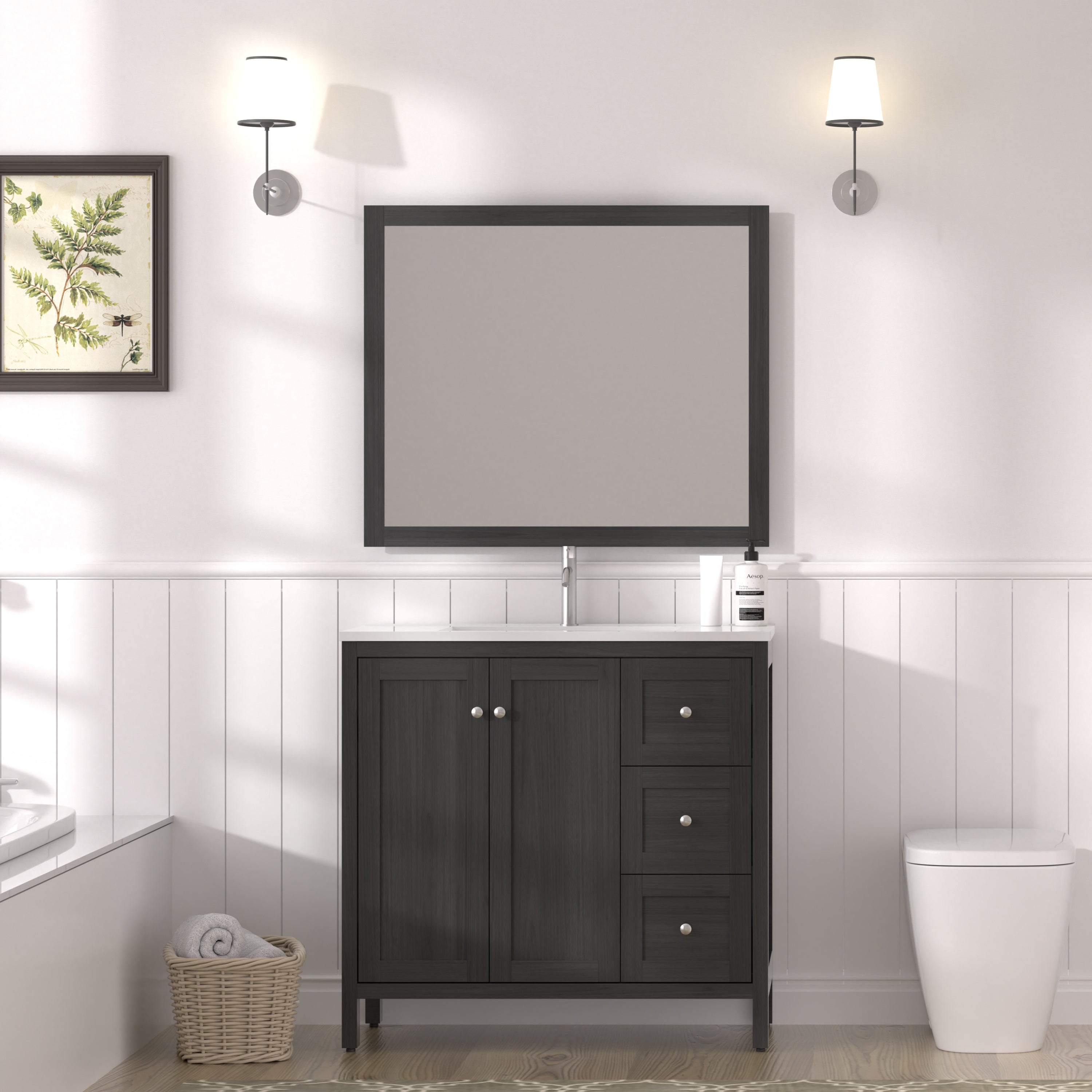 35.5' Bathroom Vanity , Modern Bathroom Cabinet with Basin, Bathroom Storage Cabinet with Soft Closing Doors and 3 Drawers, Munich Black