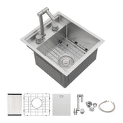 Modern Undermount Bar Sink with Folding Faucet - Brushed Nickel Stainless Steel 15x17 Inch Single Bowl