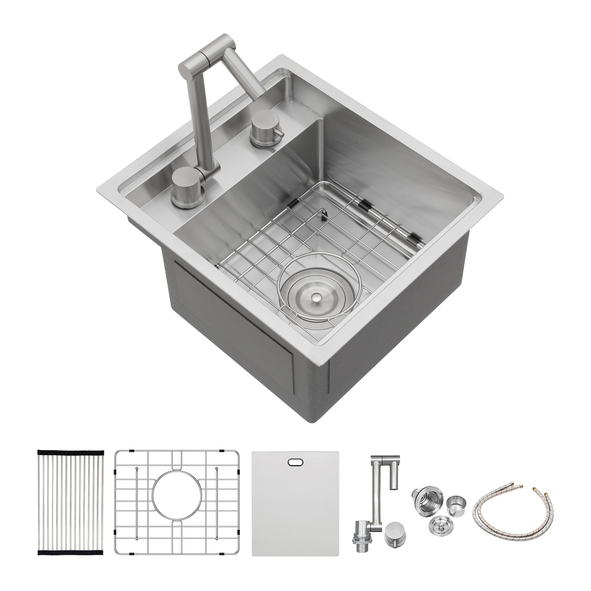 Modern Undermount Bar Sink with Folding Faucet - Brushed Nickel Stainless Steel 15x17 Inch Single Bowl
