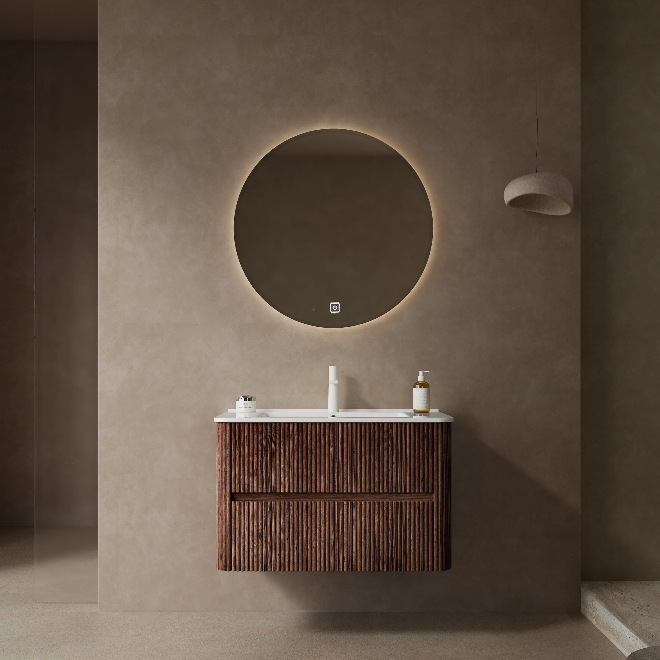 NOOR 30' Bathroom Vanity with Sink, Wall-Mounted Floating Plywood  Bathroom Storage Cabinet with 2 Drawers, White Ceramic Basin, NO Faucet, Pre-assembled, Retro Walnut Woodgrain Color