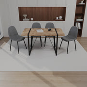 55' MDF dark wood dining table and modern dining chair set of 4 pieces, medieval wooden kitchen dining table set, black rectangular metal base, dining table and suede chair set