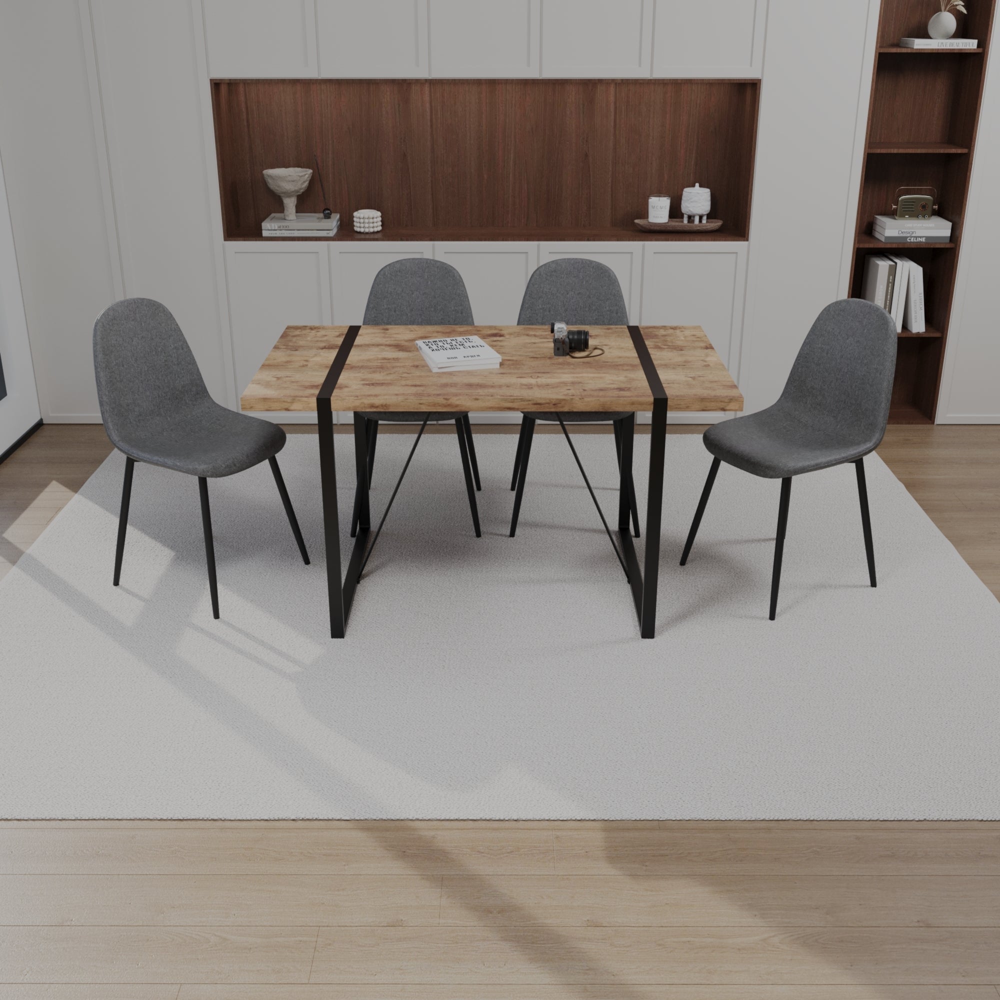 55' MDF dark wood dining table and modern dining chair set of 4 pieces, medieval wooden kitchen dining table set, black rectangular metal base, dining table and suede chair set