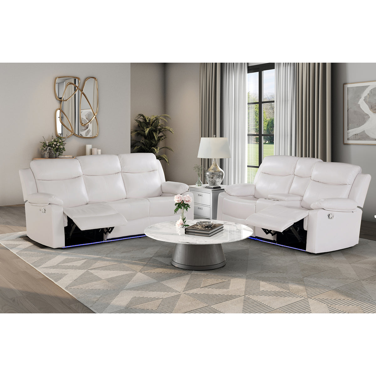 Blanche White 2PC Reclining Sofa and Loveseat with LED Lights