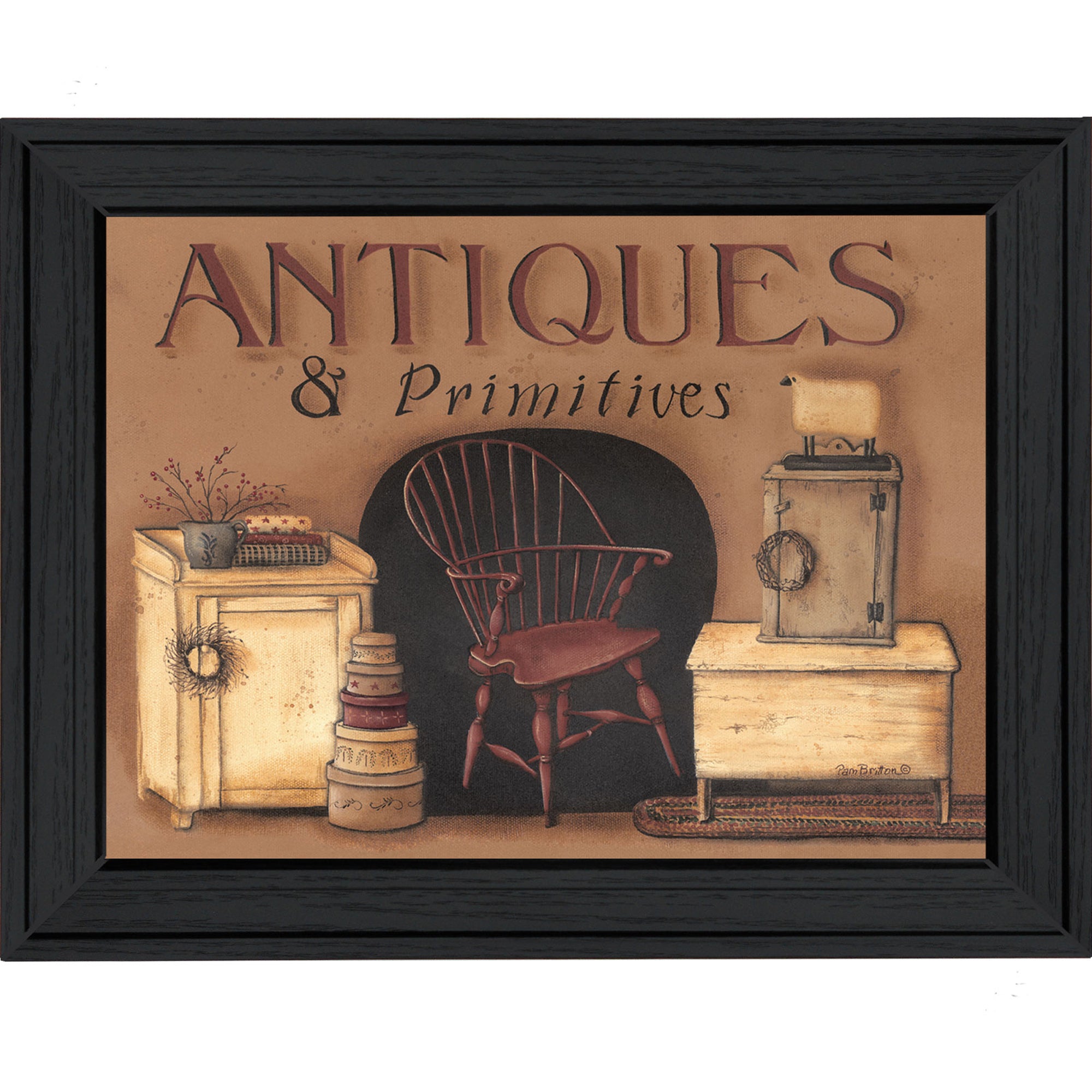 'Antiques and Primitives' By Pam Britton, Printed Wall Art, Ready To Hang Framed Poster, Black Frame