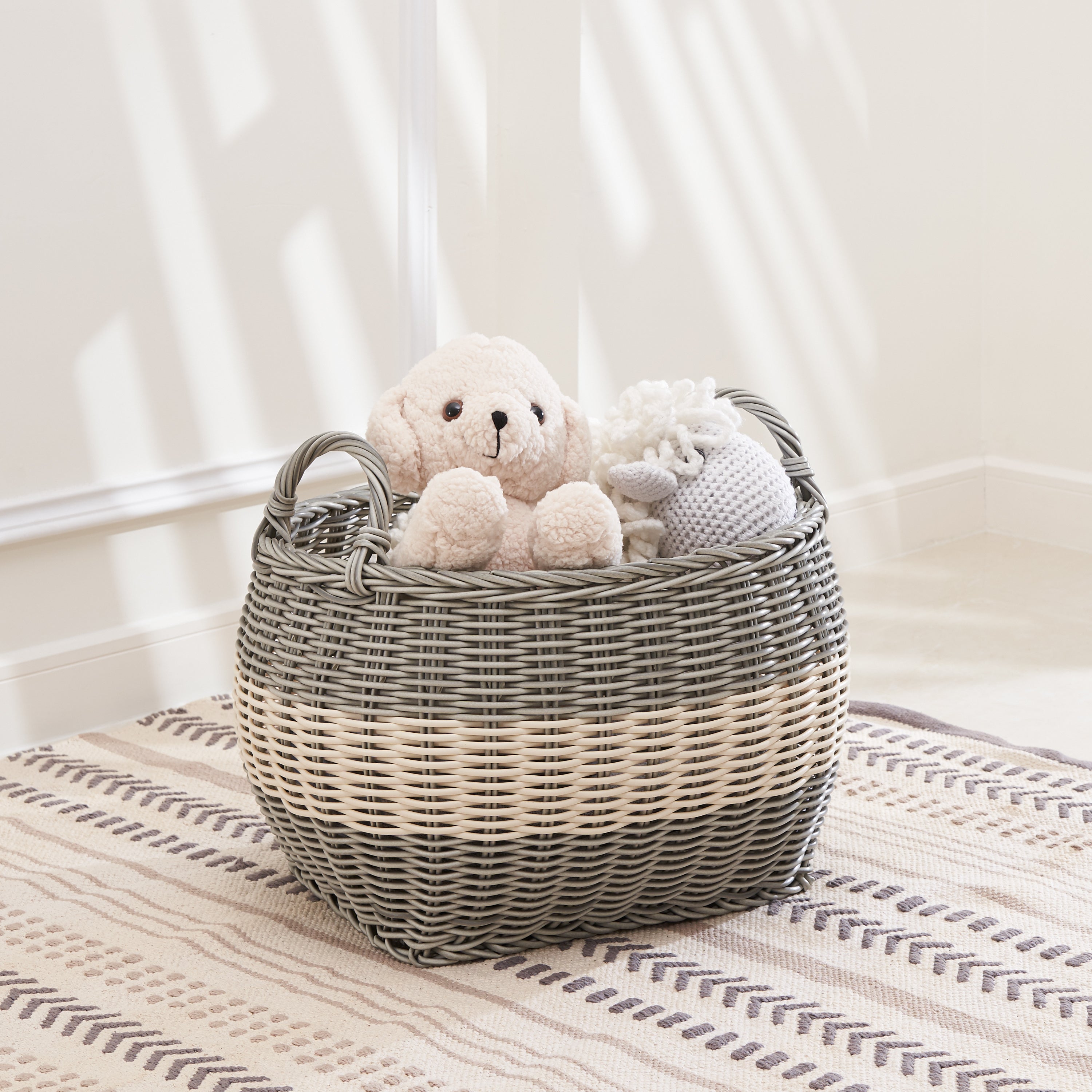 Zita Oval Resin Woven Wicker Multi-Use Storage Basket with Handles - 18' x 15' x 11.4' - White-Gray - For Towel, Toys, Magazines Storage and Home Decoration