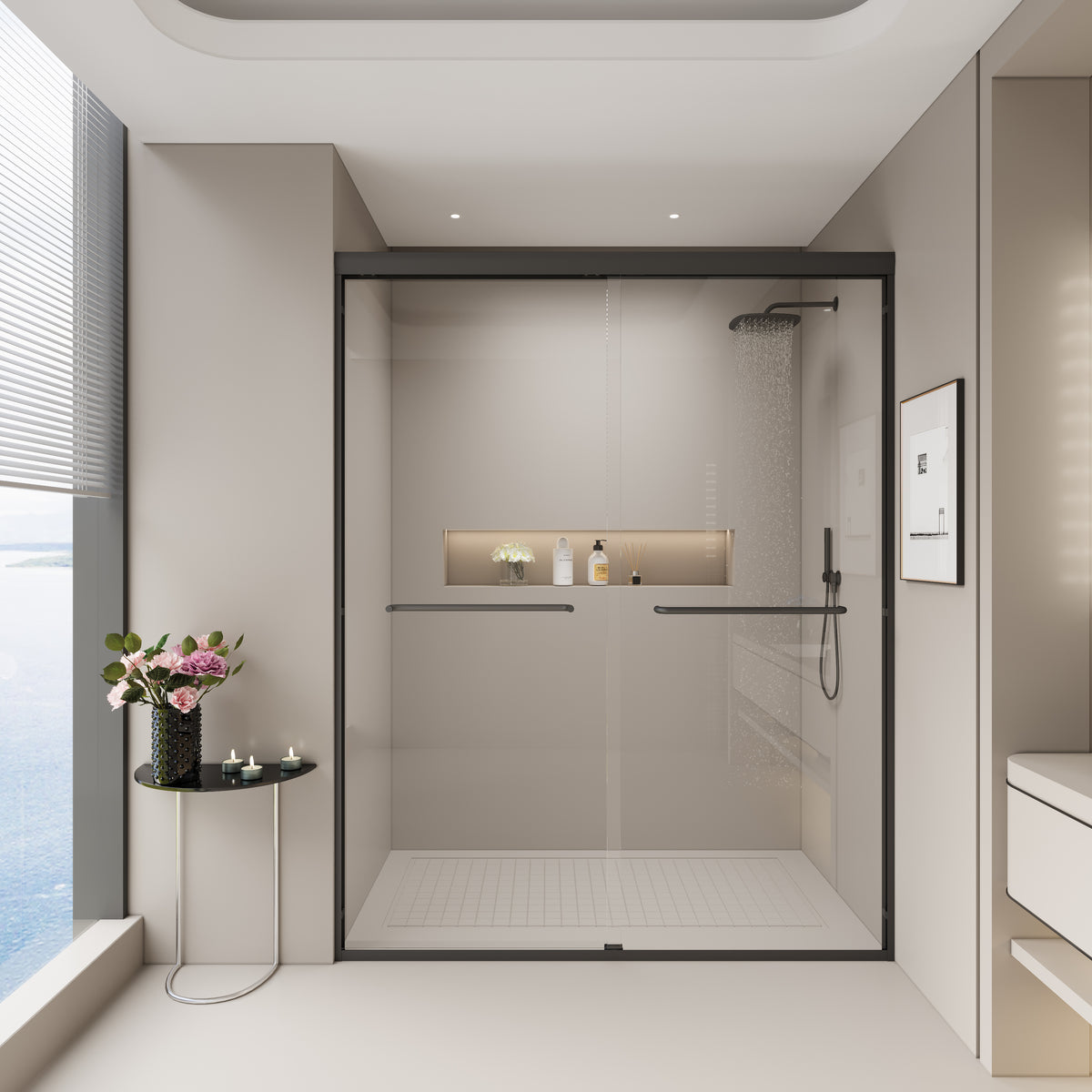 56-60 in. W x 72 in. H Double Sliding Shower Door, Semi-frameless Bypass Bathroom Sliding Door with 1/4' (6mm) Tempered Glass for Walk-in Shower, Matte Black GF-24D03-60MBX