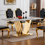Marble Dining Table for 6 People, 70'' Rectangle Faux Marble Dining Table with Mirrored Finish Stainless Steel Base, Modern Large Size Marble Kitchen Table (Gold,Grey)(only table)