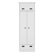 White Dresser with Upper Covered Storage, 1 Side Door, 2 Central Shelves, 1 Hanging Rod Covered by 2 Doors, and 1 Bottom Drawe