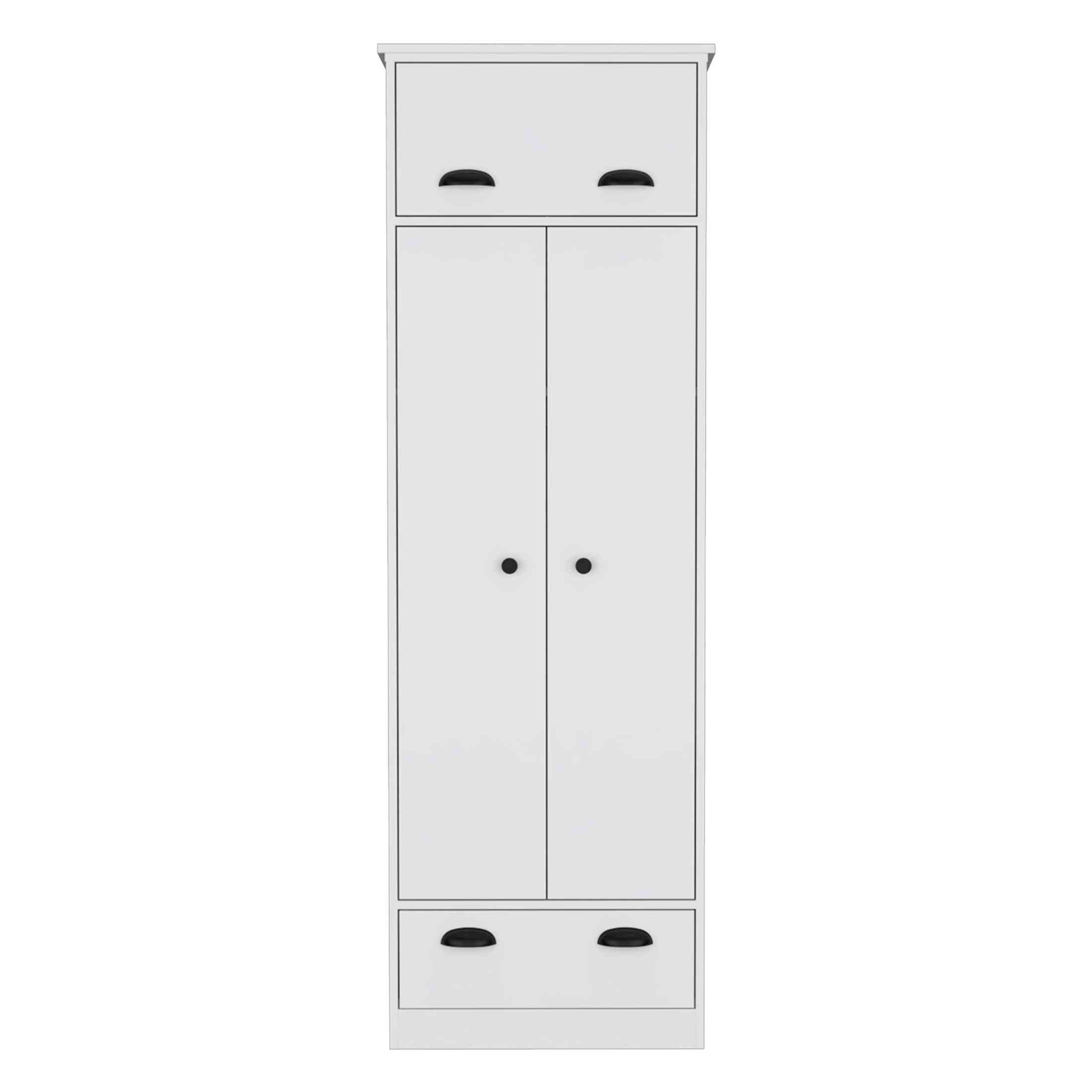 White Dresser with Upper Covered Storage, 1 Side Door, 2 Central Shelves, 1 Hanging Rod Covered by 2 Doors, and 1 Bottom Drawe