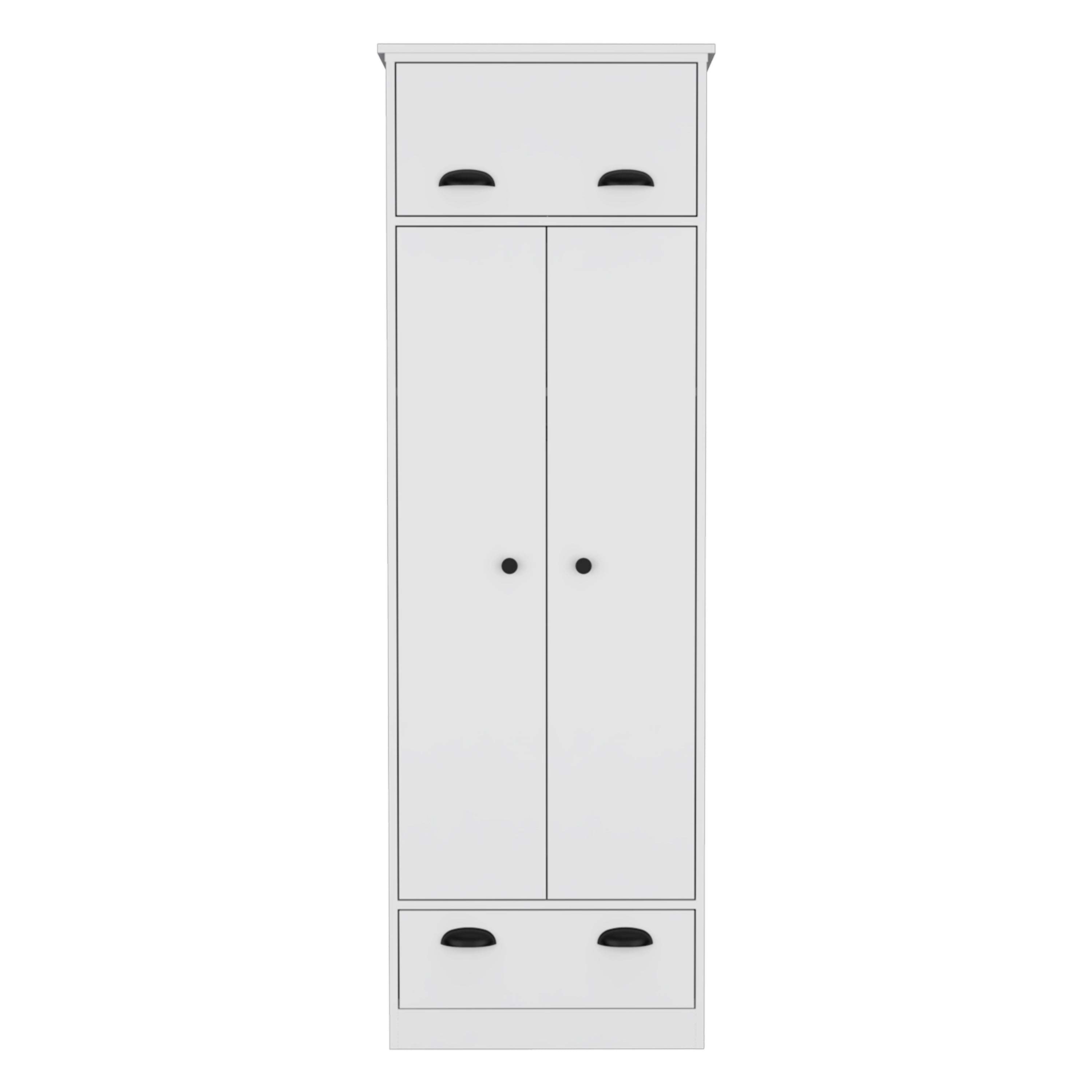 White Dresser with Upper Covered Storage, 1 Side Door, 2 Central Shelves, 1 Hanging Rod Covered by 2 Doors, and 1 Bottom Drawe