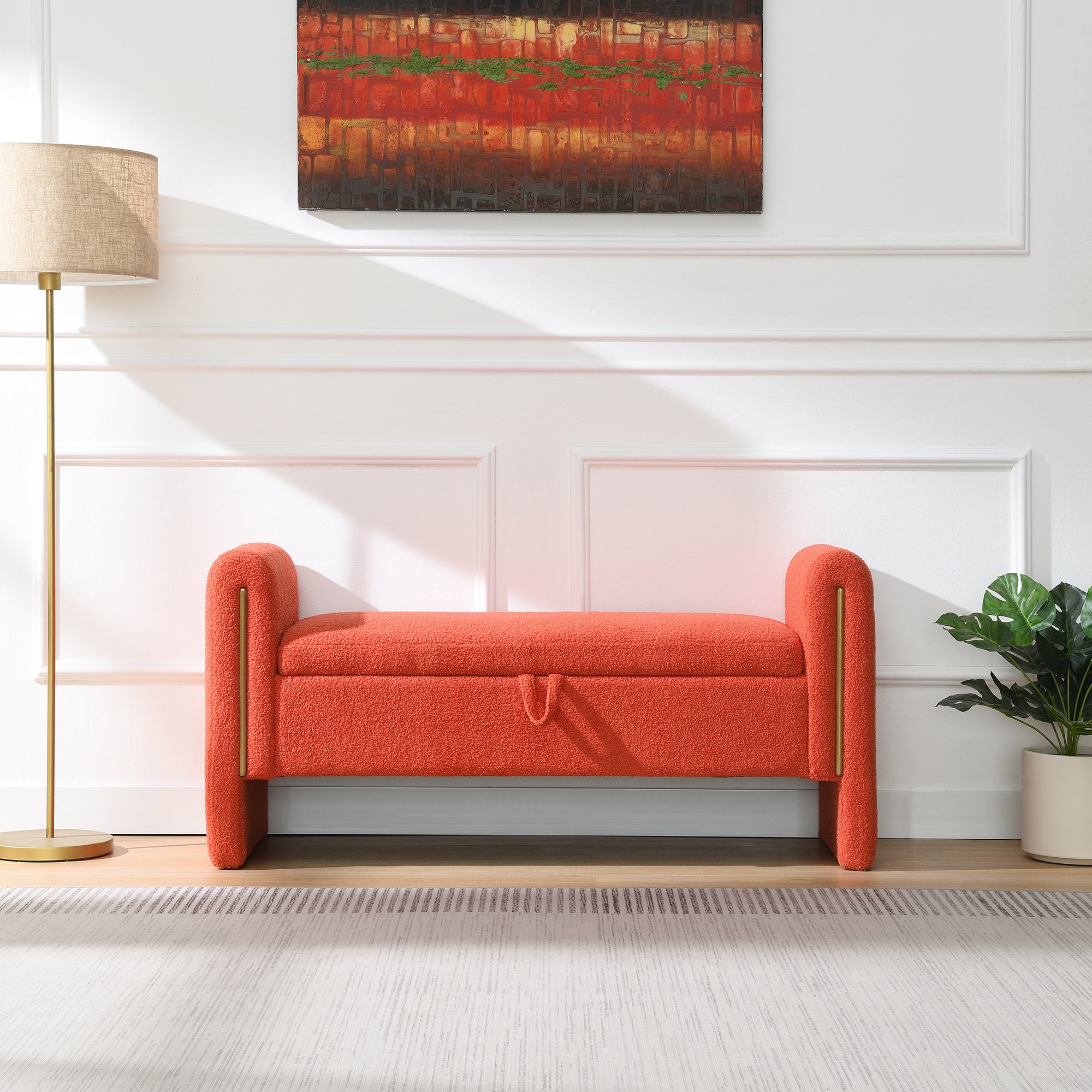 Modern Teddy Bed End Bench with Arms and Storage,Upholstered Large Foot Rest Stool, Comfy Window Vanity Bench for Living Room,Bedroom,Dorm,Coffee Table,Teddy Orange