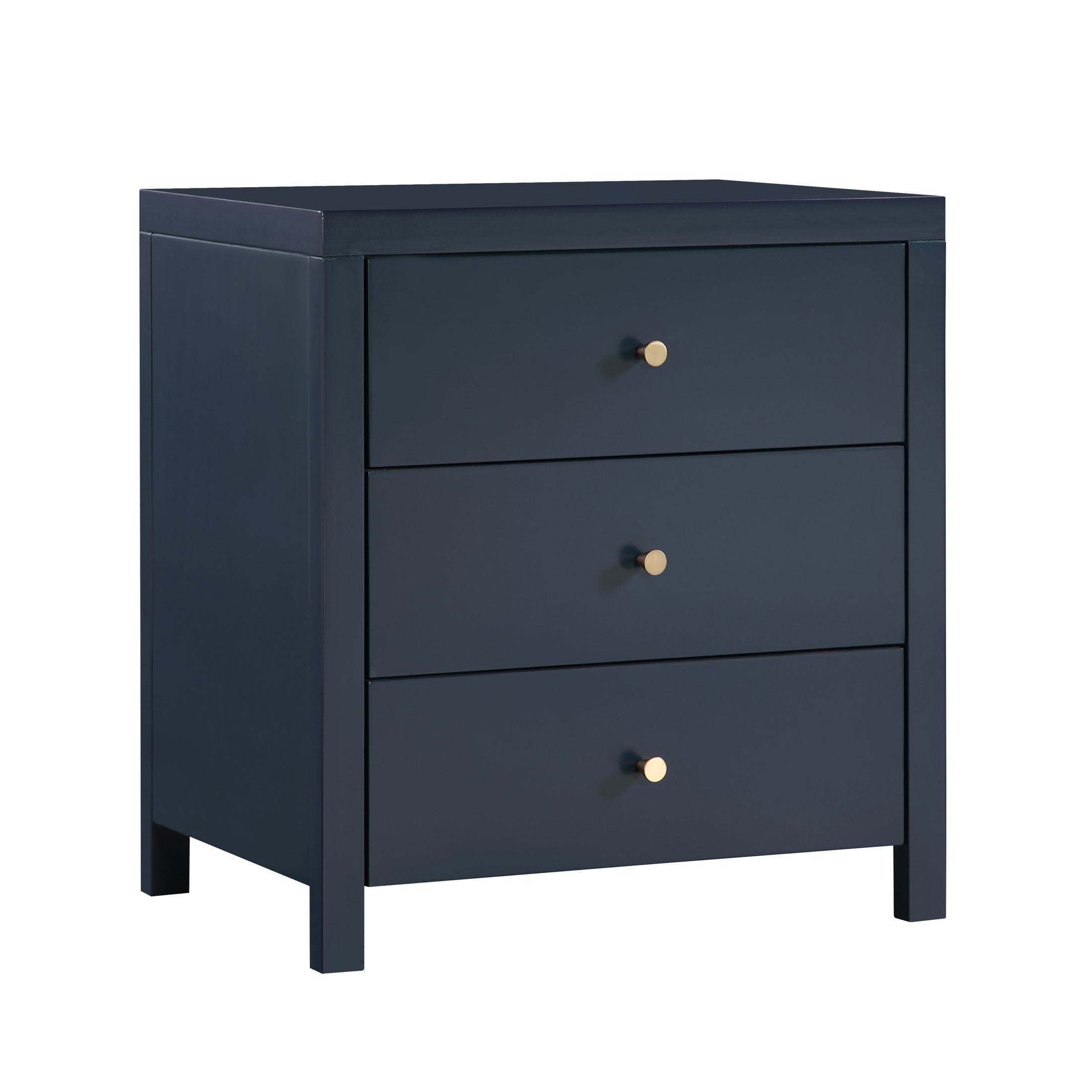 Nevarre 3-Drawer Nightstand in Midnight Blue with Brushed Gold Knobs, Wood and Synthetic Wood Construction