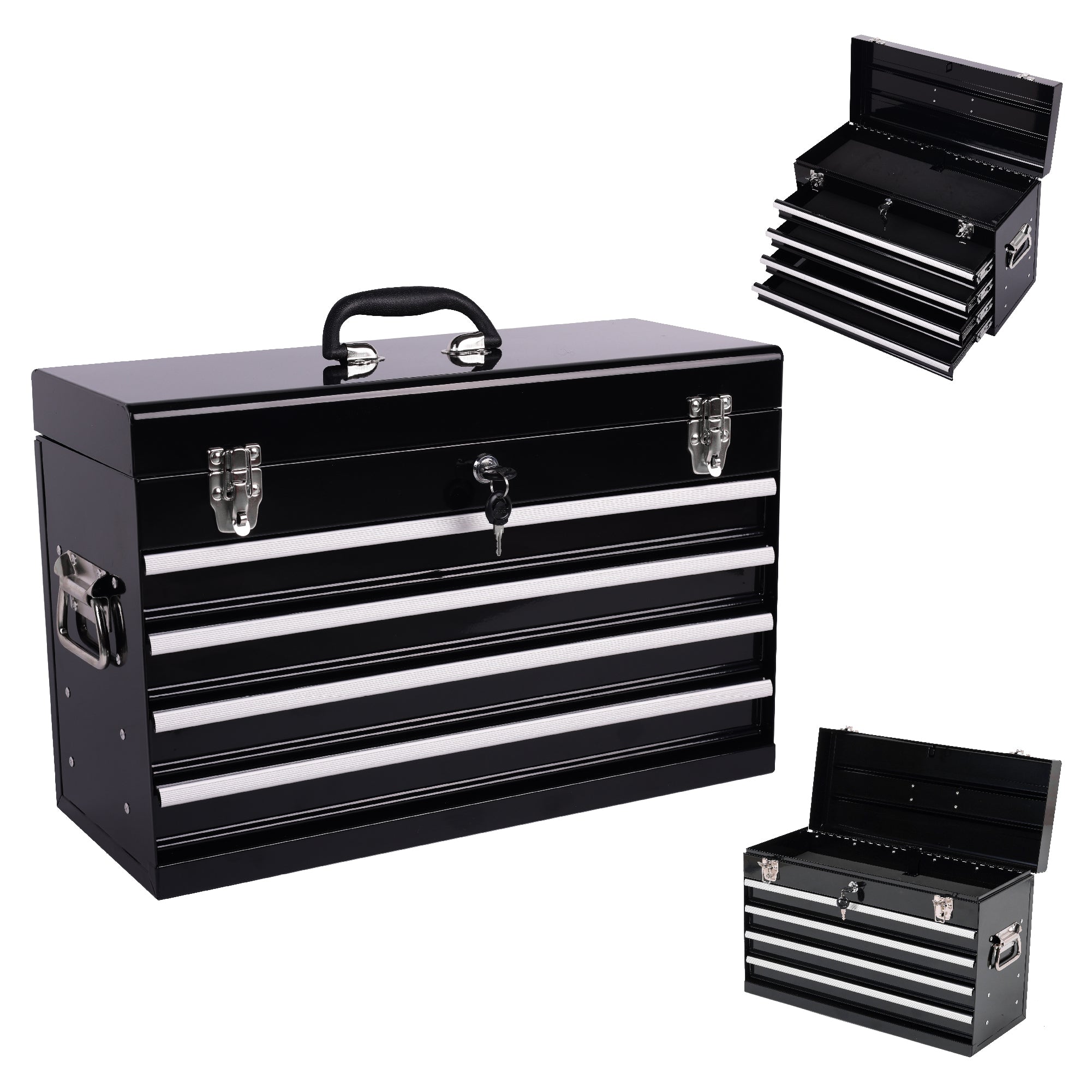 Heavy Duty Metal Tool Box, 21-inch, Portable Metal Tool Box with 4 Drawers, Small Tool Chest with EVA Liners, Ball Bearing Slide Drawers Locking & Powder Coated Finish, Multi-Function Tool Organizer