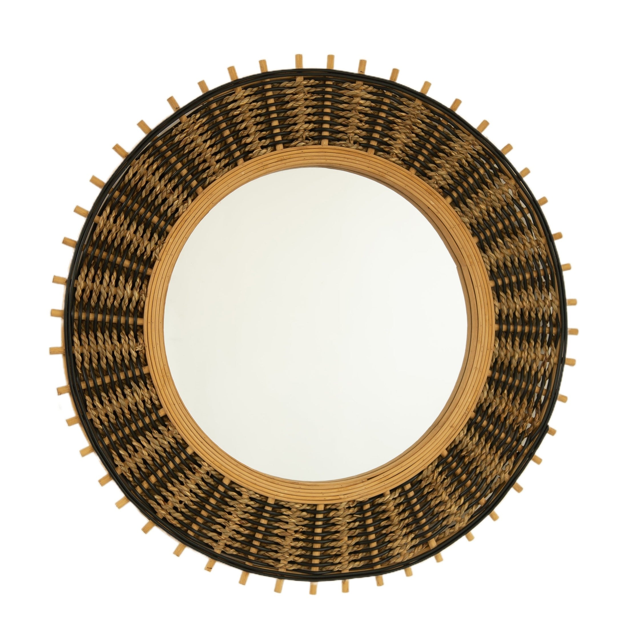 23'' Echo Mirror, Bamboo Round Art Wall Mirror with Light Yellow and Black Hemp Ropes, Suitable for Bathroom, Bedroom, Living Room, Entryway, etc.