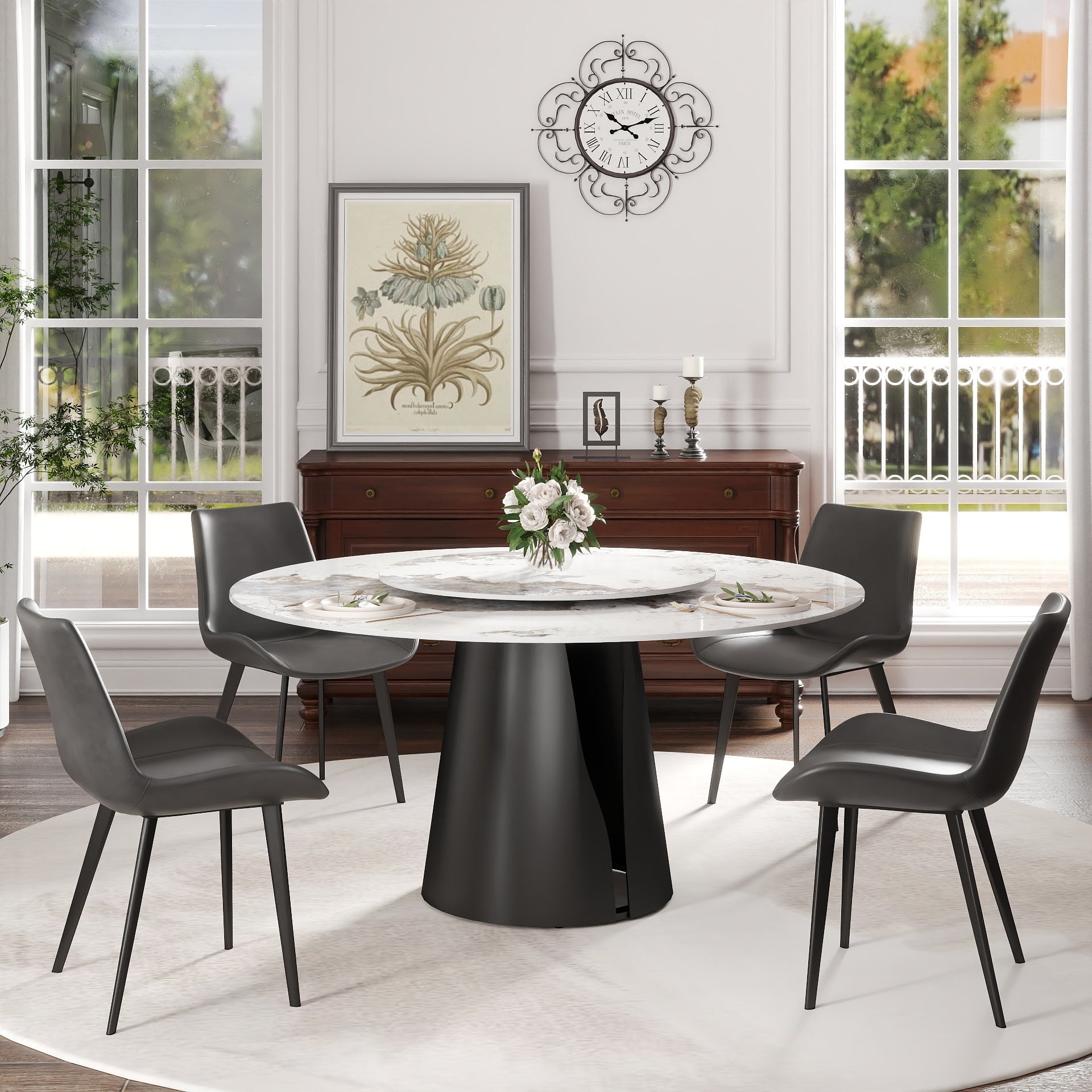 59.05'Modern Artificial Stone Round Black Carbon Steel Base Dining Table-31.5'White Artificial Stone Turntable-Can Accommodate 6-8 People