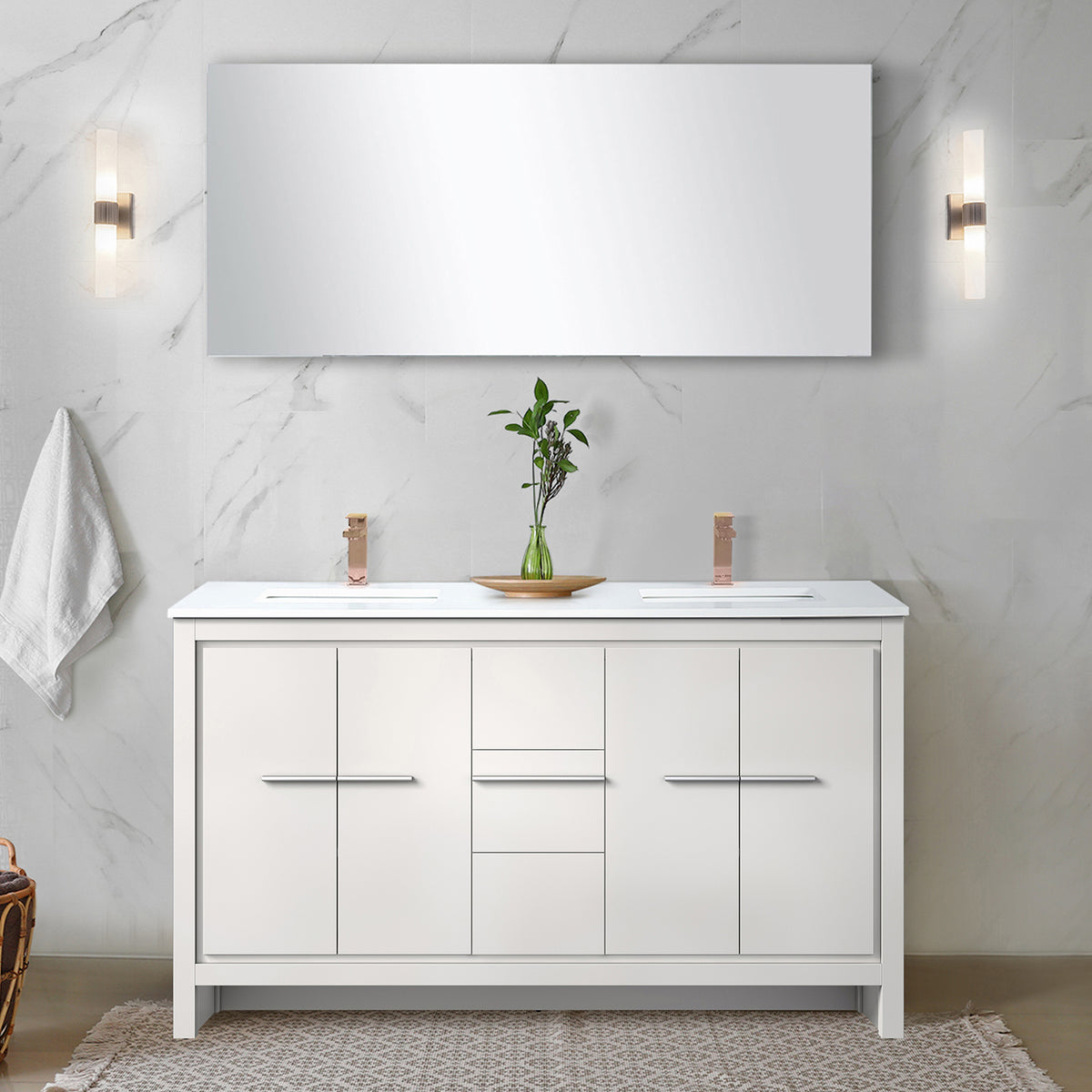 White Double Bath Vanity 60 in. W x 20 in. D, White Quartz Top and Rose Gold Faucet Set