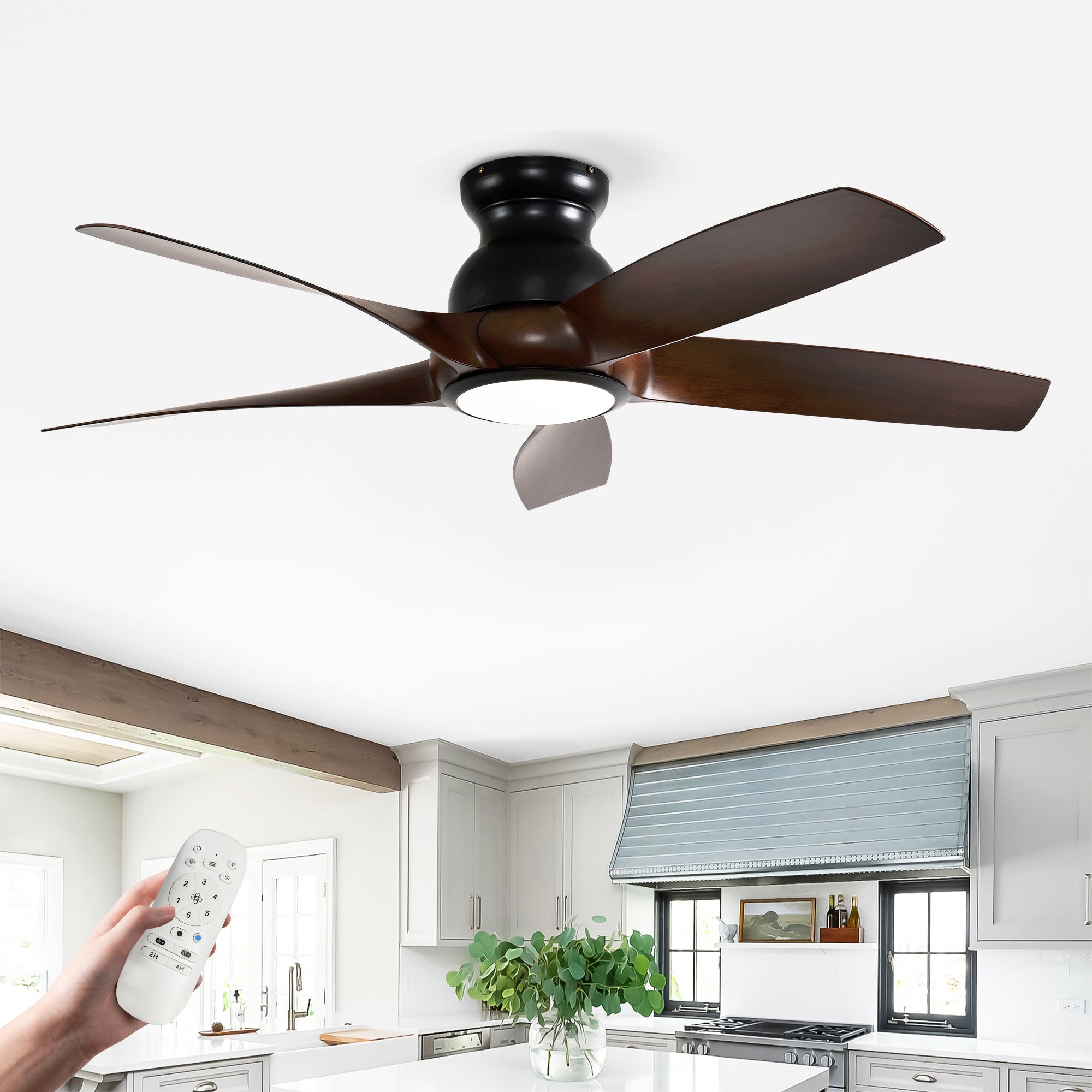 56 Inch 5 PCS ABS Blades  Ceiling Fan With Light Kit 3 Color LED Light Source, DC 6 Speed ,Remote Control Ceiling Fan  for Patio Living Room, Bedroom, Office,Indoor.(( Matte Black  + Wood color)