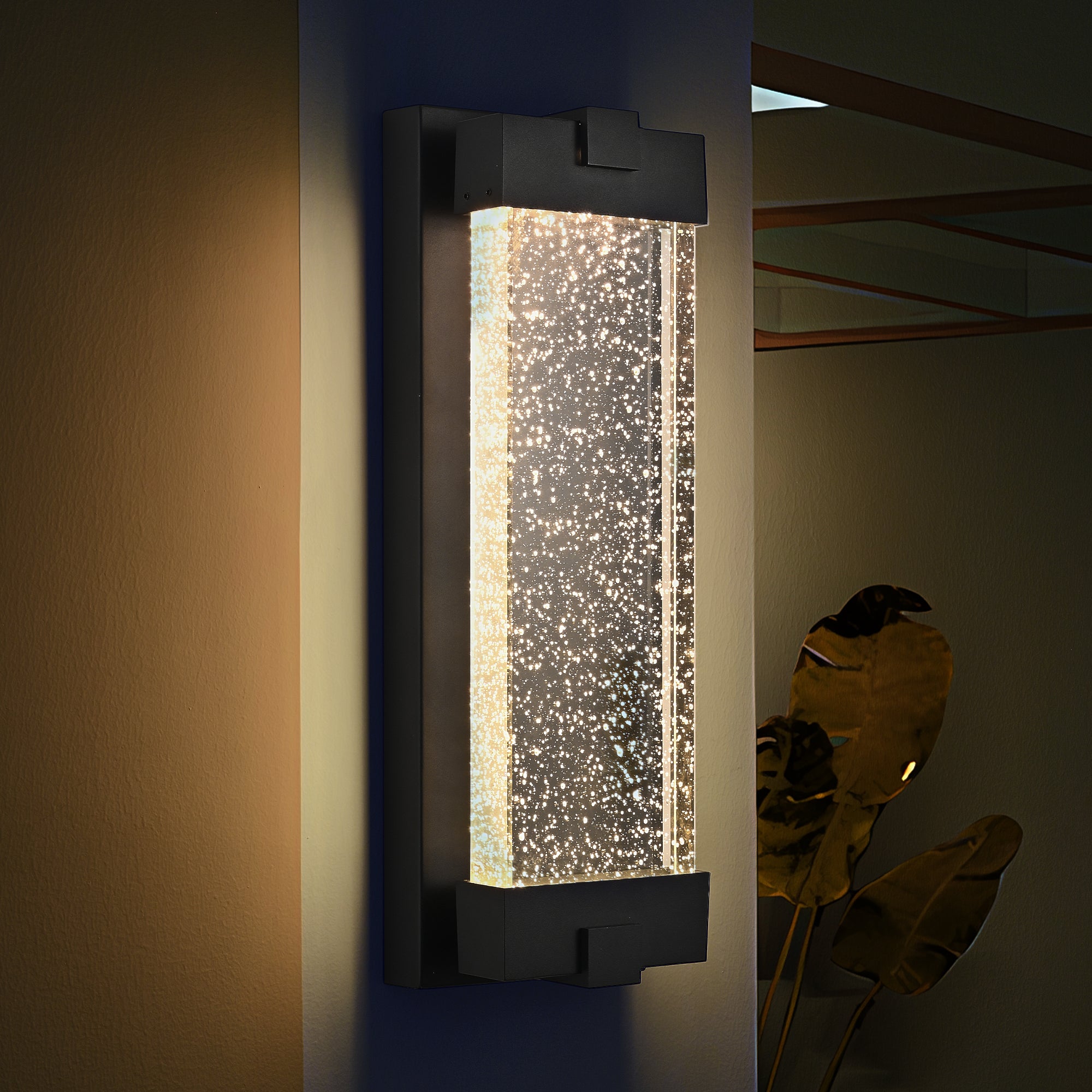 19'(H) Black Aluminum Finish Outdoor Wall Light with Bubble Crystal Glass, LED Light Source, 3000K Warm Light, Weatherproof Exterior Sconce for Patio, Porch, or Garage (1-pack)