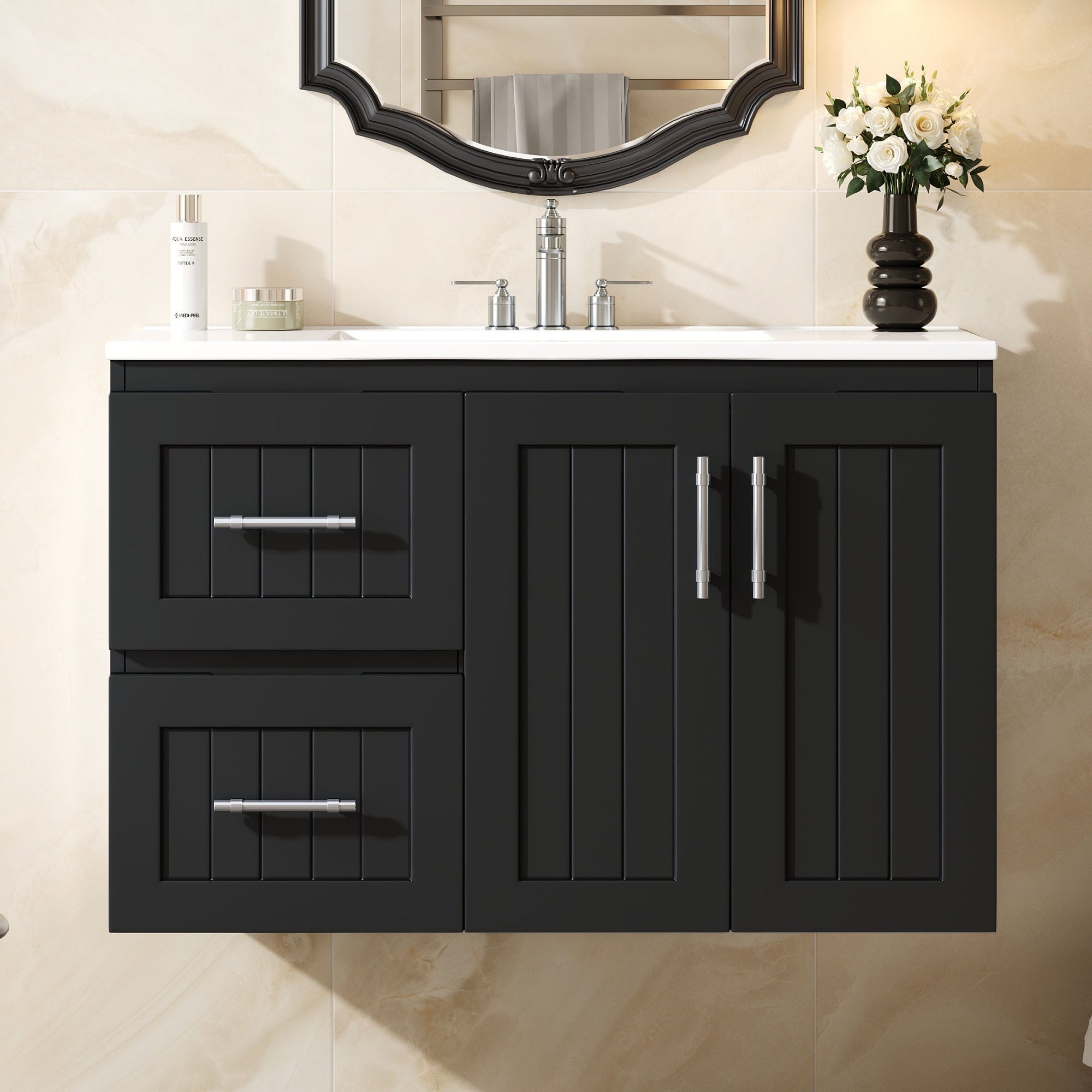 36'' Wall Mounted Bathroom Vanity, Floating Bathroom Storage Cabinet with 2 Drawers, 3 Holes Single Ceramic Sink, Modern Cabinet with Adjustable Shelf