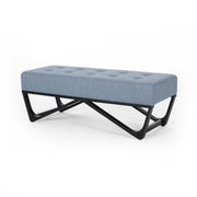 Upholstered Ottoman with Button Tufted Waffle Stitch and Black Geometric Legs, Light Blue