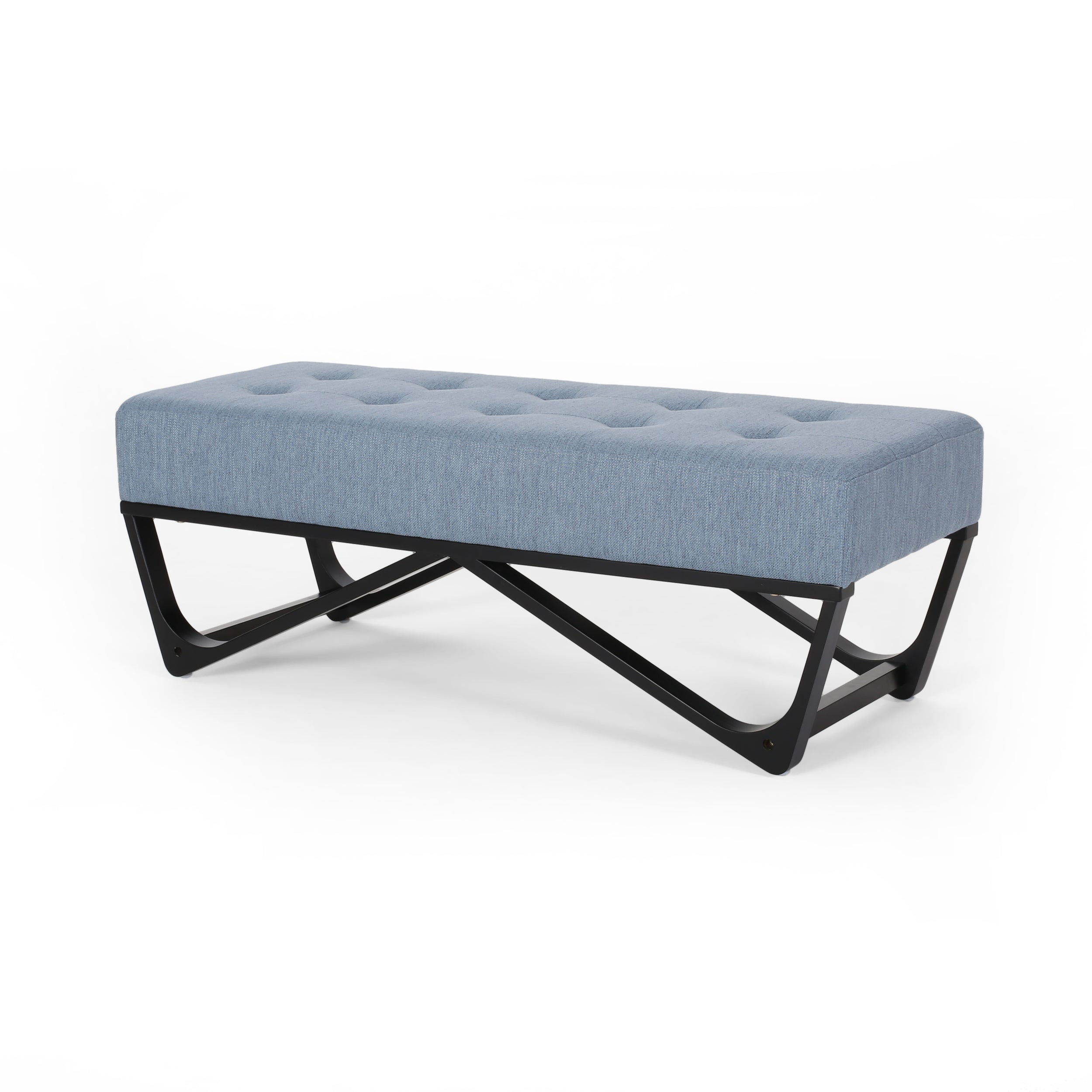 Upholstered Ottoman with Button Tufted Waffle Stitch and Black Geometric Legs, Light Blue