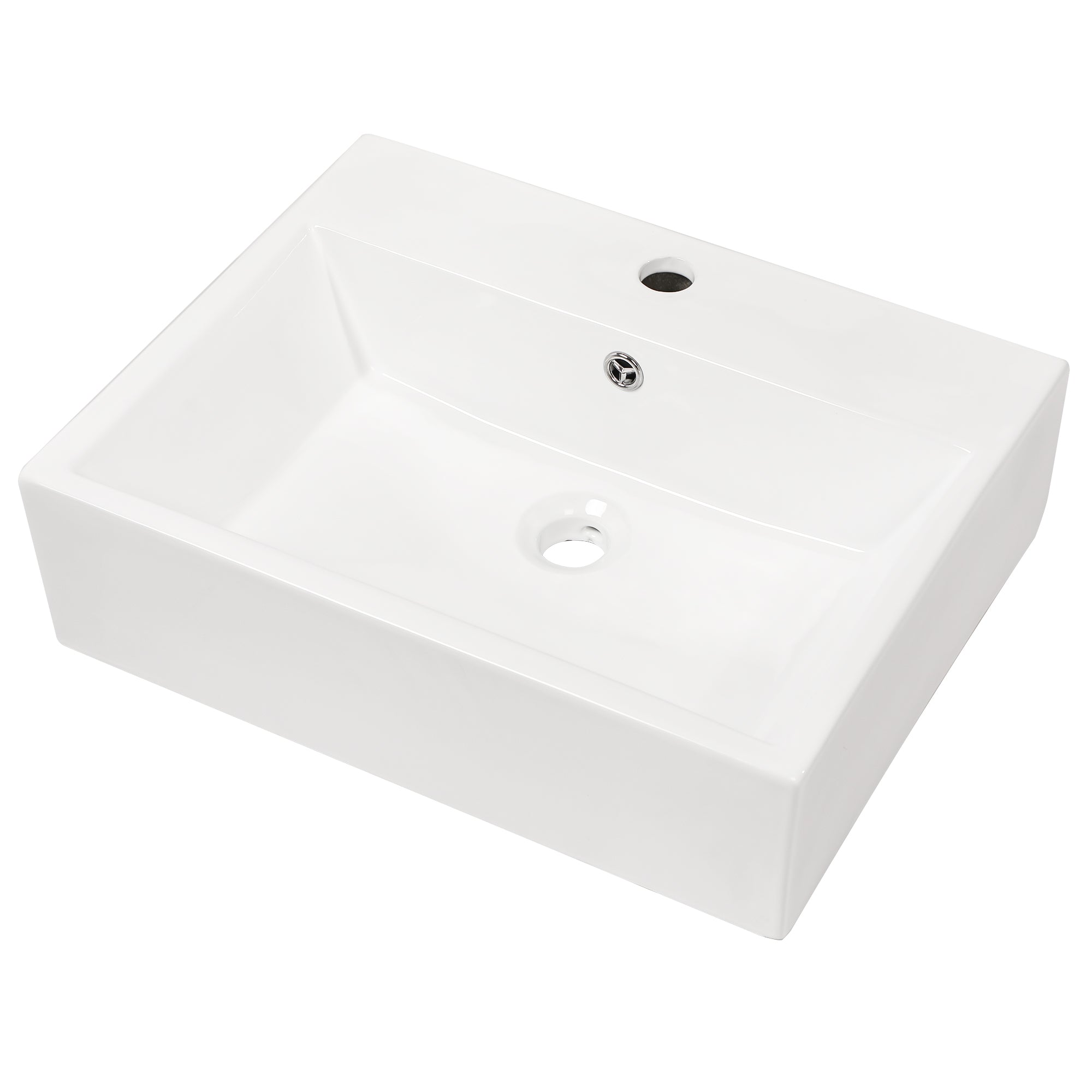 Modern Ceramic Rectangular Wall Mounted Bathroom Sink with Faucet Hole & Overflow in White