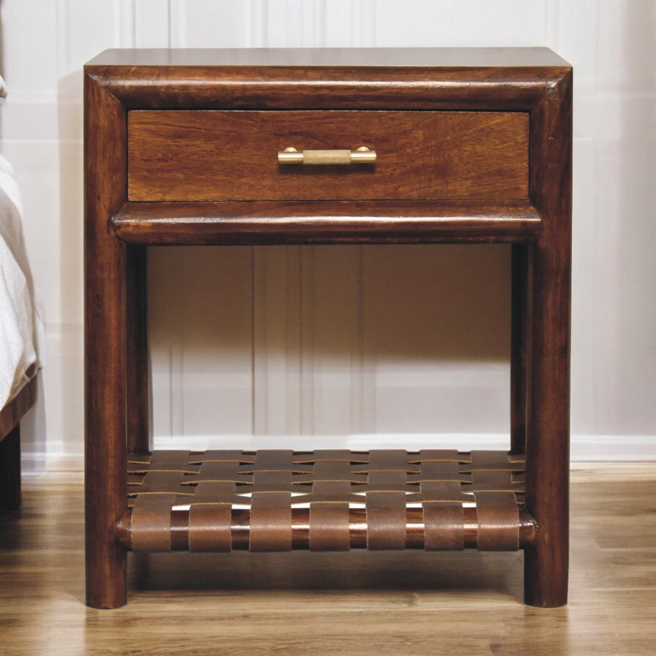 Solid Wood Chestnut T-Bar Nightstand, 1-Drawer, 1 Open Shelf, Dark Brown