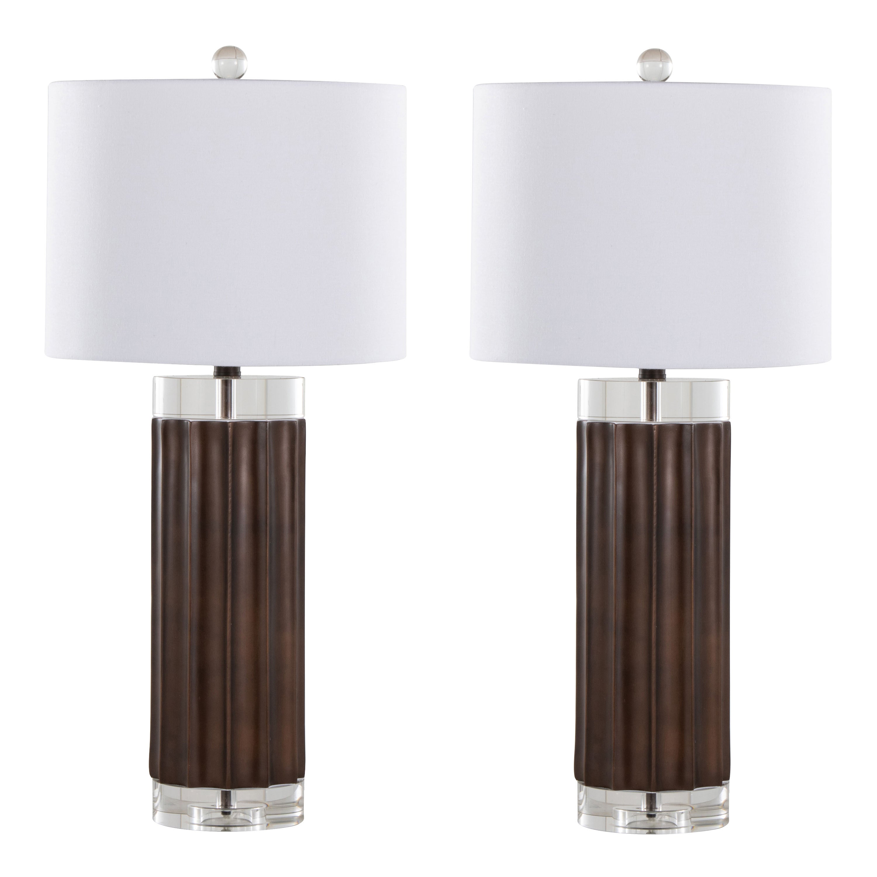 Cylinder Fluted 29.25' Contemporary Polyresin Table Lamp in Brown Lustre Polyresin, Clear K9 Crystal and White Linen Shade from Grandview Gallery by LumiSource - Set of 2