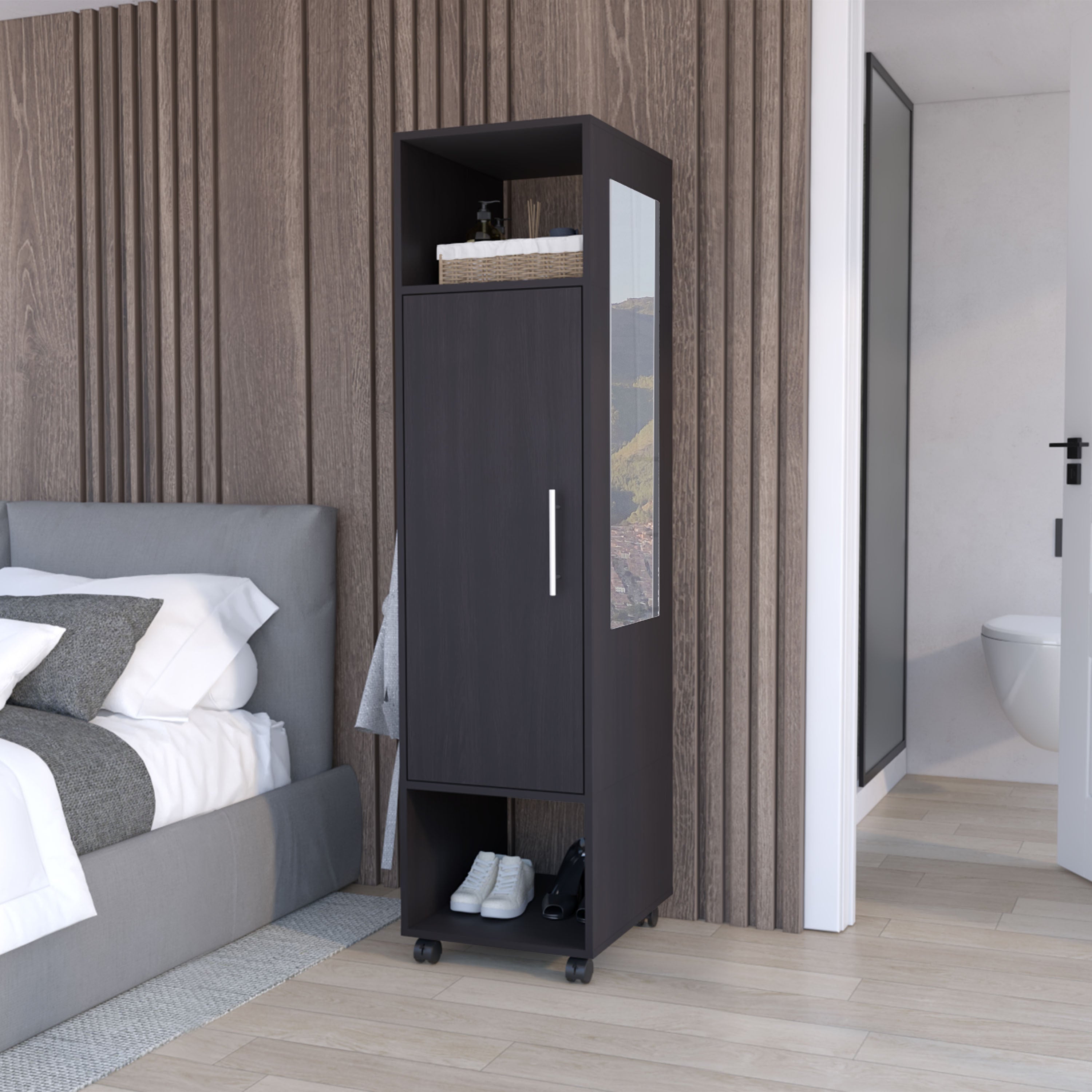 Cluster 63' Tall  Wardrove One-Door Cabinet with Mirror, Three Shelves, Casters and Hanging Rod, Armoire, Bedroom Clothes Storage, Cabinet Organizer Black