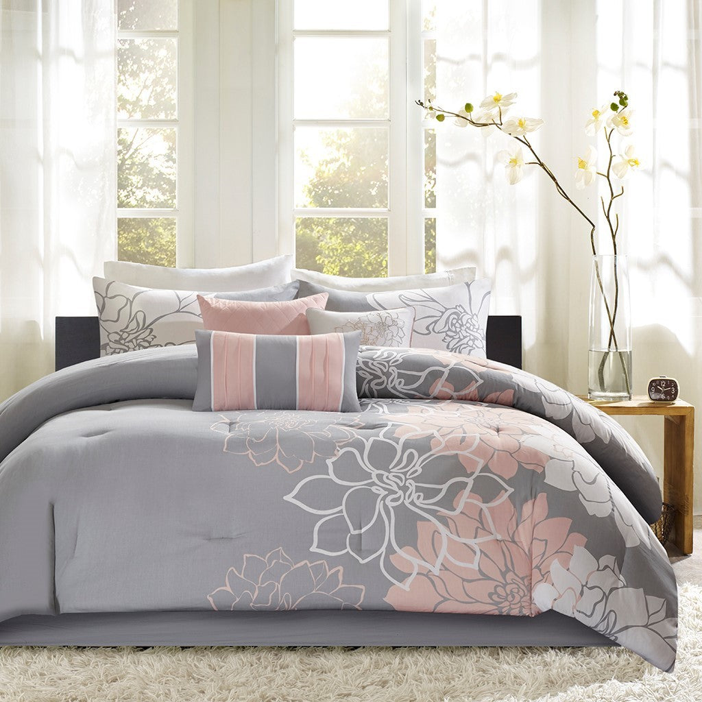 Printed Cotton Sateen Comforter Set Grey/Peach Queen