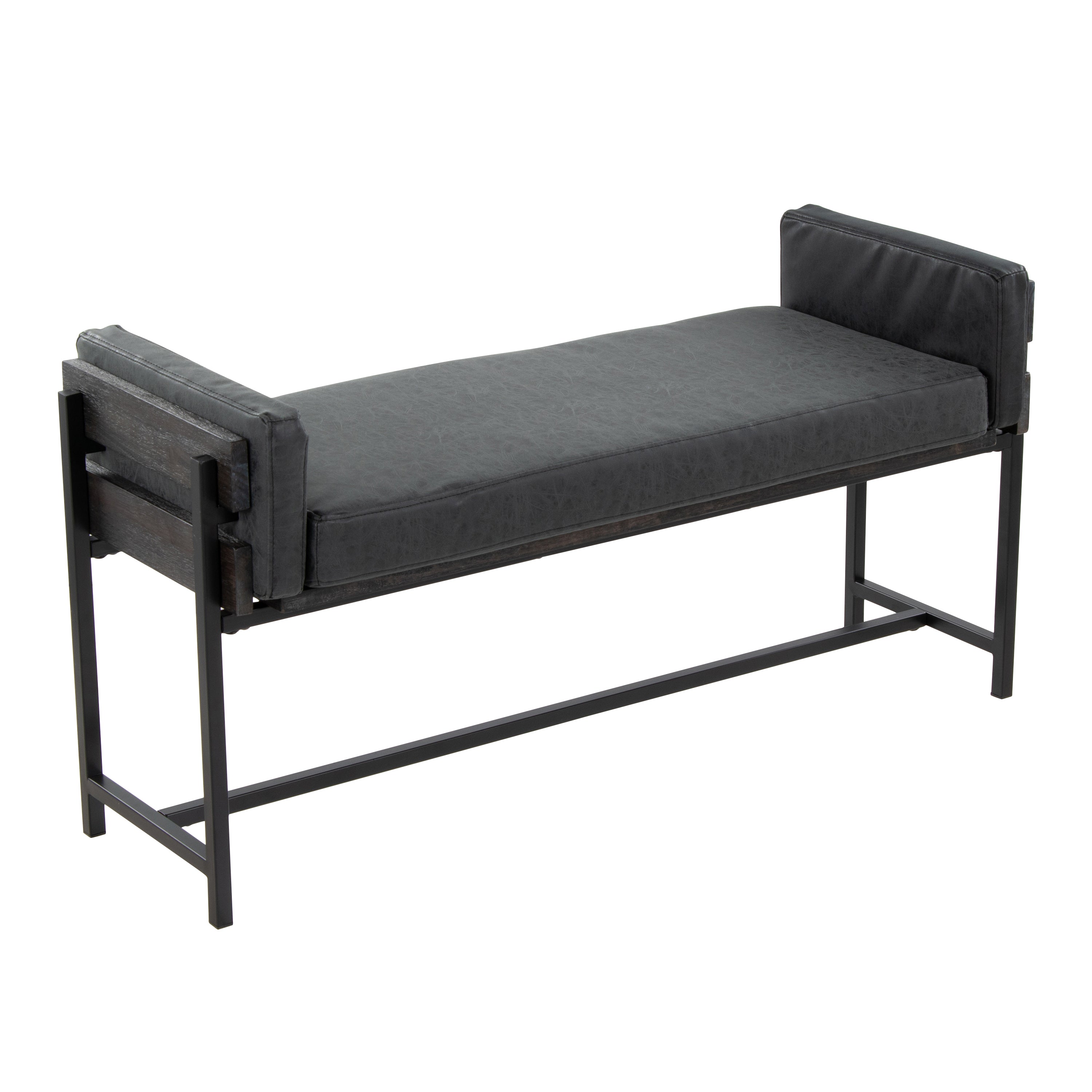 Kari 18' Farmhouse Bench with Black Metal, Grey Wood and Black Faux Leather by LumiSource