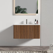 Etna 30' Striped Walnut Bathroom Vanity with White Ceramic Sink, Wall Mounted Floating Bathroom Vanity for Modern Bathroom, KD