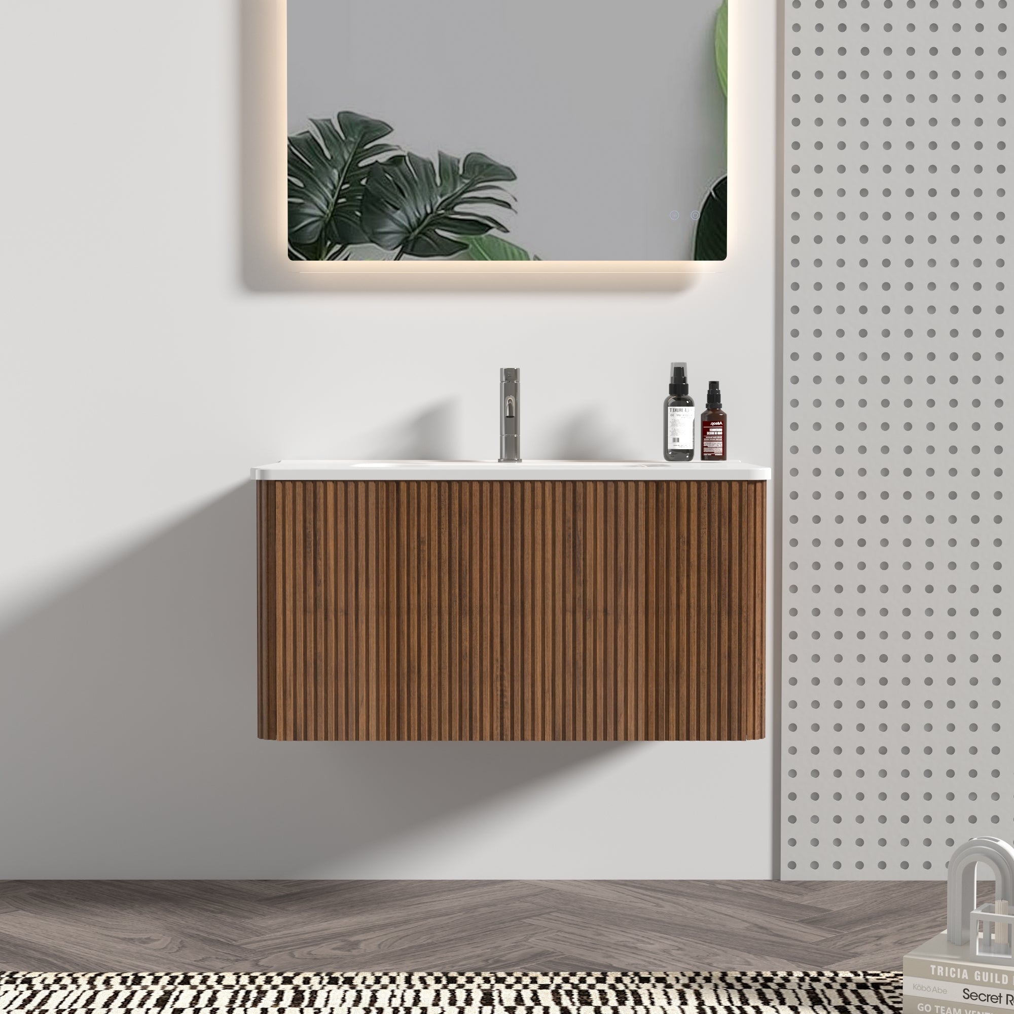 Etna 30' Striped Walnut Bathroom Vanity with White Ceramic Sink, Wall Mounted Floating Bathroom Vanity for Modern Bathroom, KD
