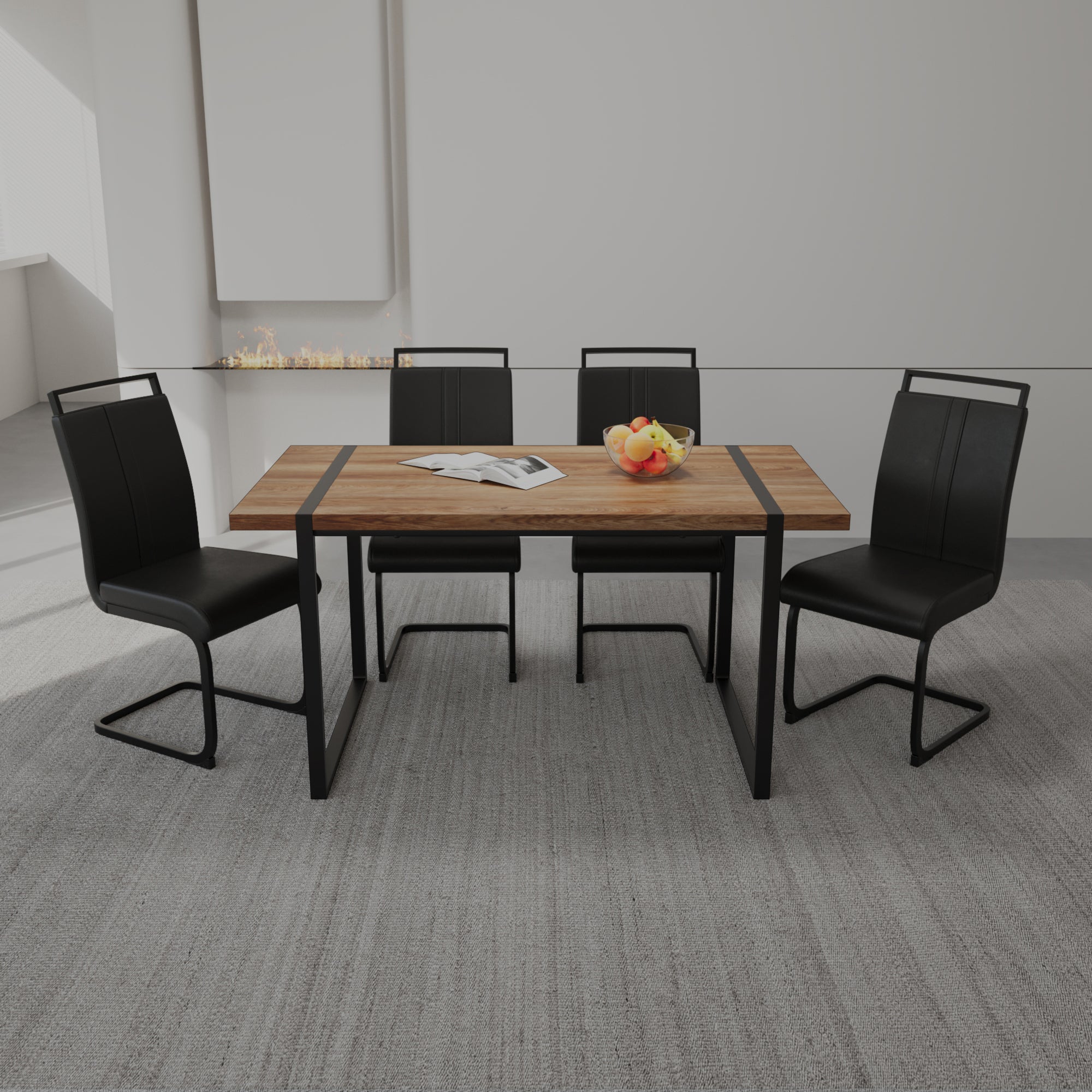 59 ' Dining Table Rural Industrial Rectangular MDF Wood Color Set and PU Armless Dining Chair Set 4. Kitchen Black Metal Table Leg Dining Chair Set