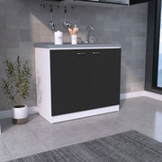 Freestanding Sink, Double Door Cabinet, Two Shelves, White / Black