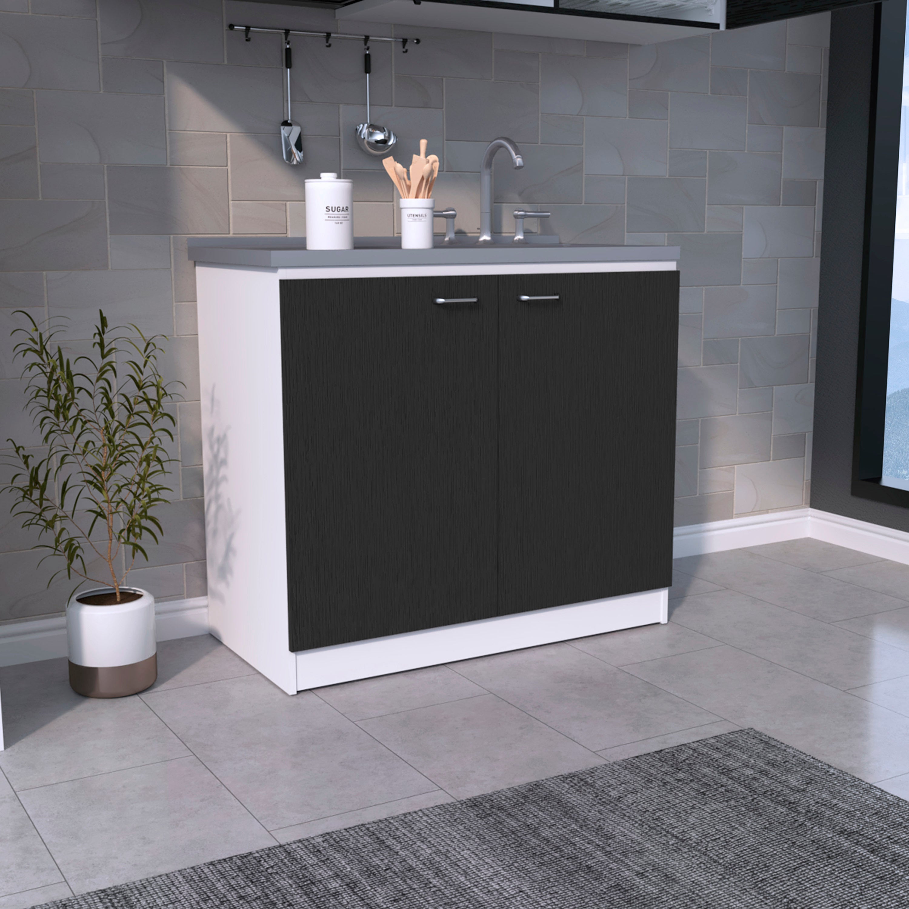 Freestanding Sink, Double Door Cabinet, Two Shelves, White / Black