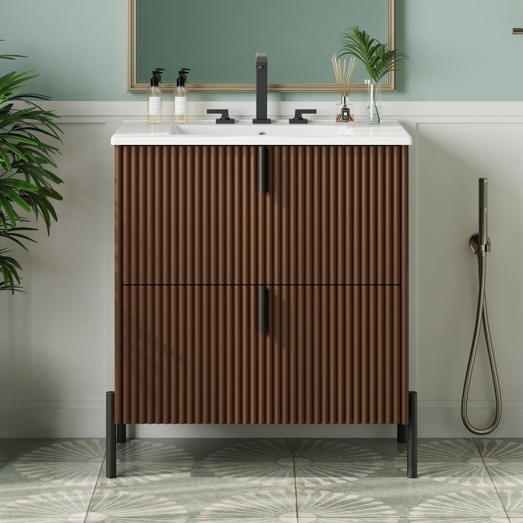 30' Bathroom Vanity with Ceramic Sink, Equipped with Vertical Pulls and Full-Extension Drawers, Freestanding Bathroom Vanity with Soft Close Drawer Slides, Fluted Design, Dark Brown