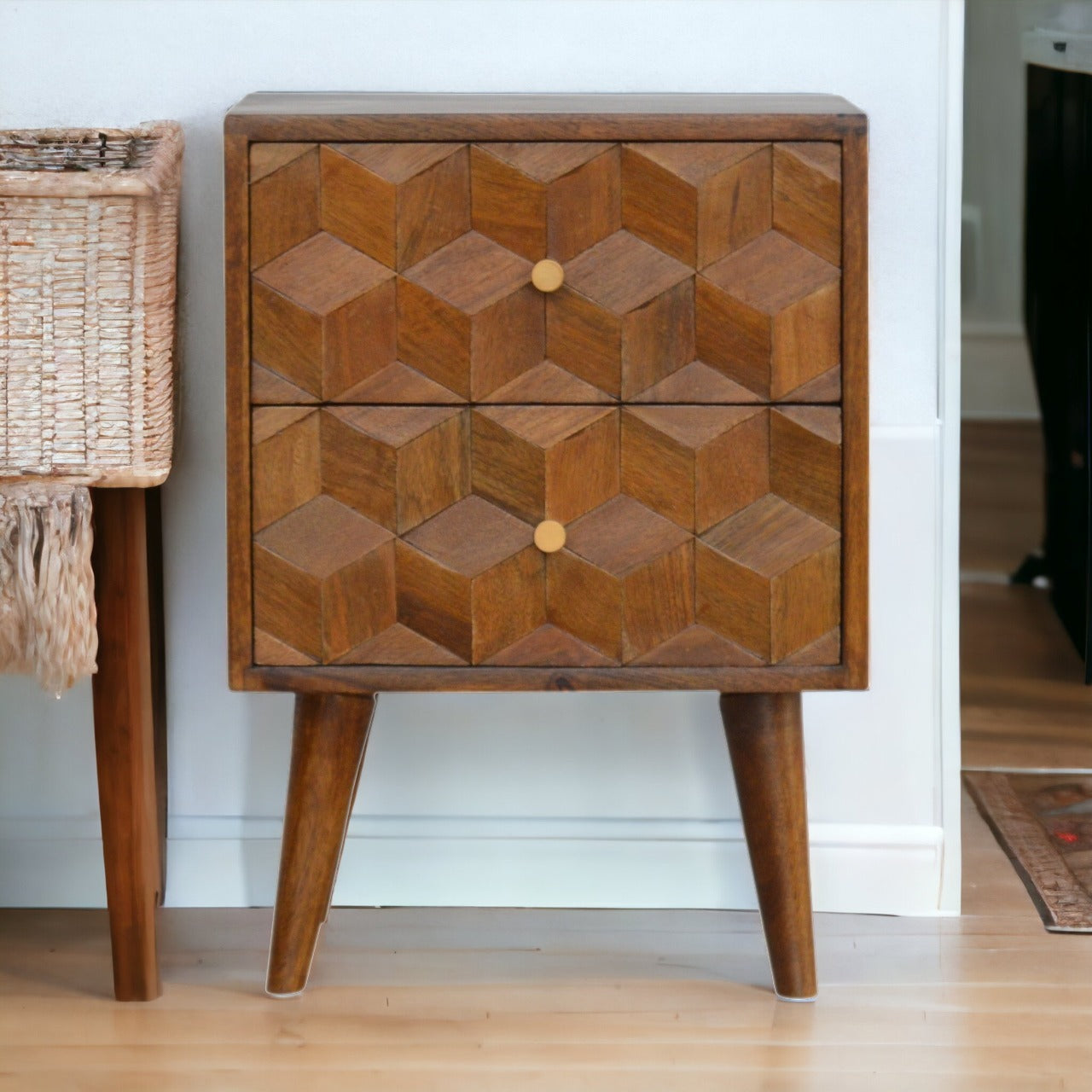 Chestnut Cube Carved Bedside Nightstand, Nordic Legs, 2-Drawers, Brown